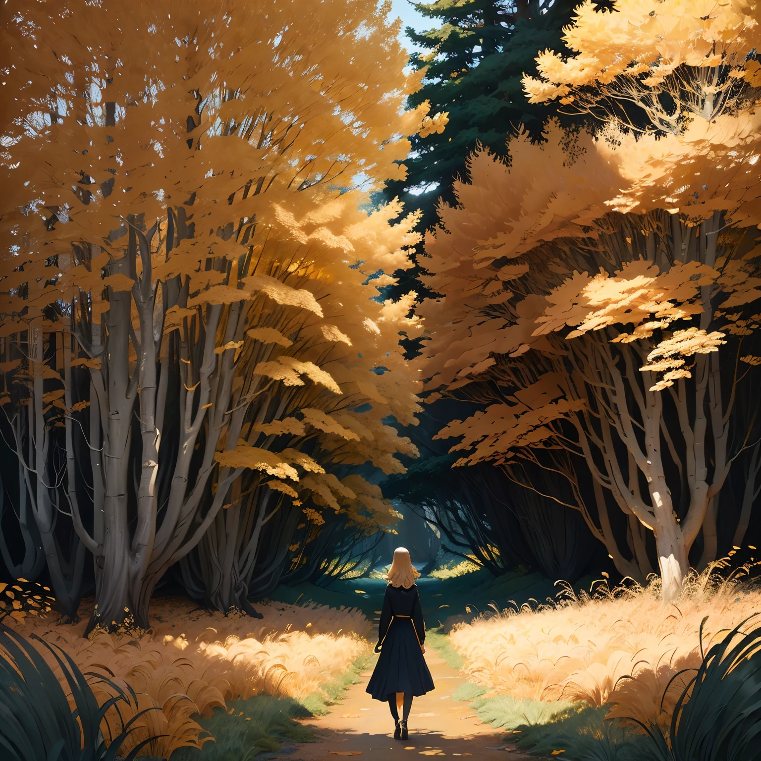 a girl walking through a field, in the style of ethereal trees, dark yellow and azure, majestic, sweeping seascapes, photorealistic representation, graceful balance,  Andrew Wyeth art style, orange --ar 72:101 --stylize 750 --v 6