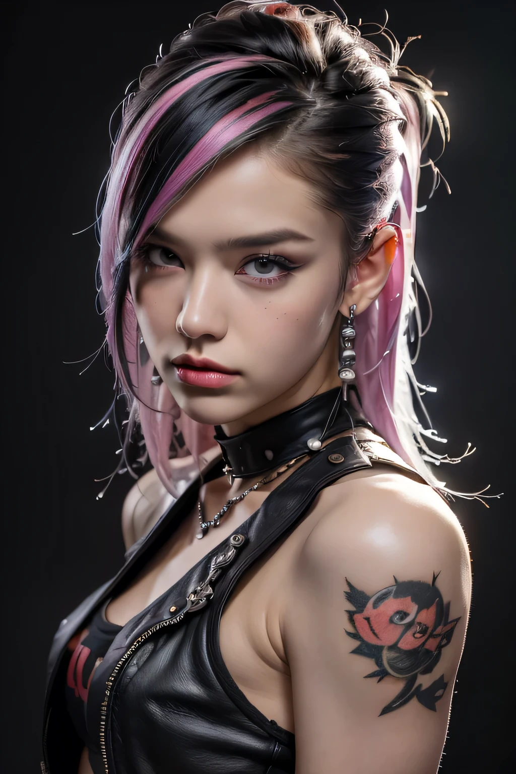 Model Girl, Professional:1.6, (最high quality, 4K, 8k, High resolution, masterpiece:1.2),Ultra-detailed, Realist, Punk Style, fashion punk, ((Upper body portrait)), Spiked clothing, Chain Accessories, Rebel pose, Mohawk Alto, Rainbow Hair, flashy, Nervous background, Studio Lighting, Dynamic pose and elegant､masterpiece, 最high quality, high quality, High resolution, (((Upper body portrait)))､Super big 