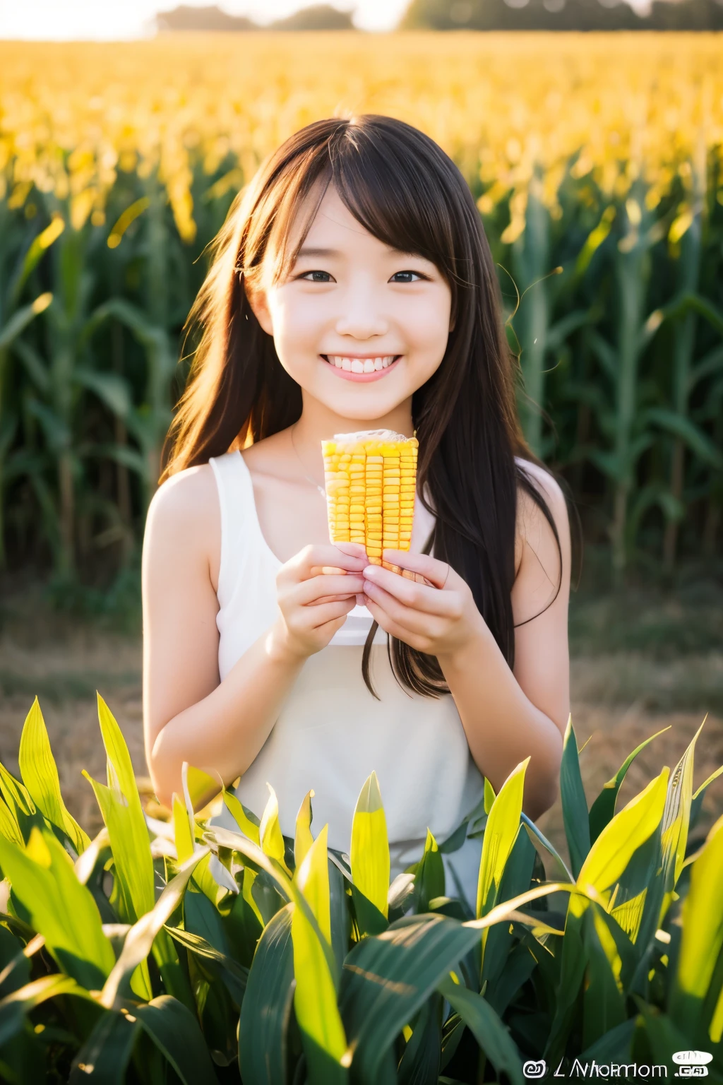 Photorealistic、Chibi Girl(Corn field、smile)