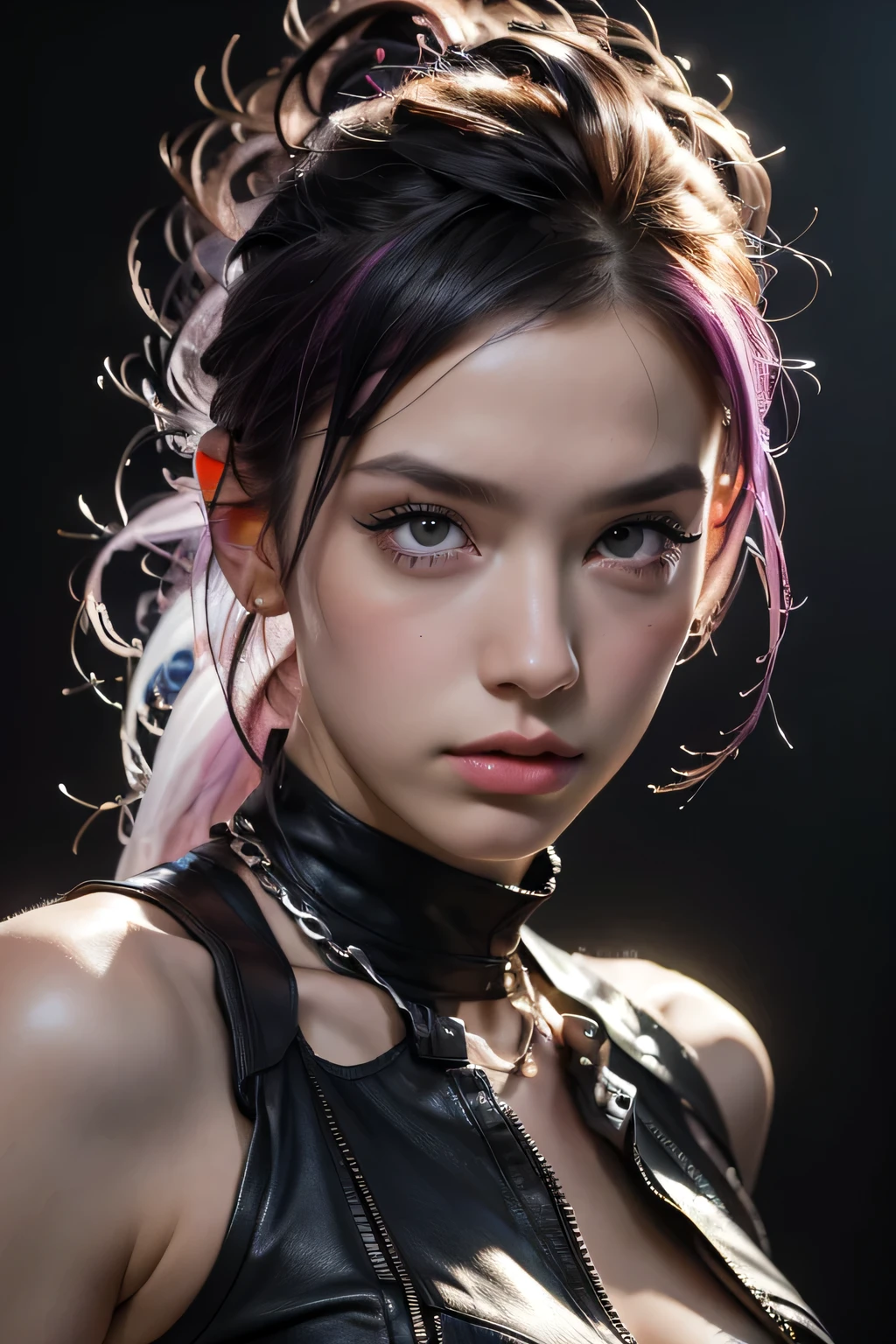 Model Girl, Professional:1.6, (最high quality, 4K, 8k, High resolution, masterpiece:1.2),Ultra-detailed, Realist, Punk Style, fashion punk, ((Upper body portrait)), Spiked clothing, Chain Accessories, Rebel pose, Mohawk Alto, Rainbow Hair, flashy, Nervous background, Studio Lighting, Dynamic pose and elegant、masterpiece, 最high quality, high quality, High resolution, (((Upper body portrait)))、Super big