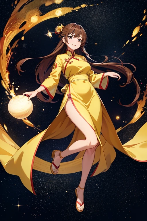 Anime drawings、Full body portrait、Space SF Chef、A female chef, about 170cm tall and about 35 years old, wearing a gold Chinese dress, floating in the air、Smiling、Medium-long straight hair tied up、Brown Hair、Wearing a gold chef&#39;s hat