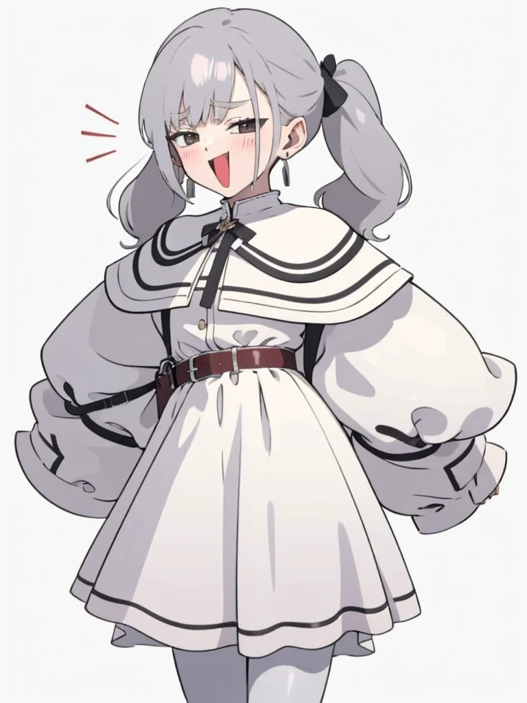 (masterpiece, highest quality:1.3), whole body:1.5, Little, fry, Long Hair, Gray Hair, Twin tails, Pointed Ears, Earrings, Thick eyebrows, White capelet, Striped shirt, Long sleeve, belt, White Skirt, Smuggling in black pantyhose, Open your mouth, Grin,