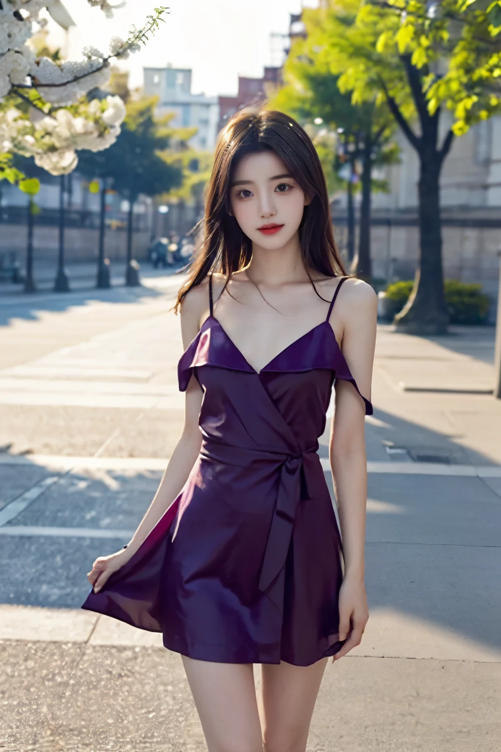 face to the viewer,Girl wearing beautiful floral dress,It shows a fresh and natural beauty。The dress is purple,It is covered with a variety of colorful floral patterns,This makes the whole dress look elegant and gorgeous。The neckline of the dress is a typical round neck,Fits her neck,Show her elegance。
The cut of the dress fits perfectly,Clinging to her body,Show off her graceful curves。The hem of the dress is just below the knee,It looks dignified and generous,It goes well with the color and style of the dress。
Her hair was draped over her shoulders,Slightly curled,It gives a romantic and natural feeling。Her face was covered with light makeup,The choice of eye shadow and lip gloss harmonizes with the color of the dress。The girl is dressed neatly,Full of fresh breath of spring and summer,It shows her elegant temperament and unique charm。(with hands behind her back,stand posture),Nipples,No underwear,No bra,Are thin,Thin legs,Small butt,Almost flat chest,Small breasts,Oriental,A beautiful girl,Korean famous beautiful girl idol dancer,The belly button and the surrounding area are exposed,Thin hips,Bold and mischievous,