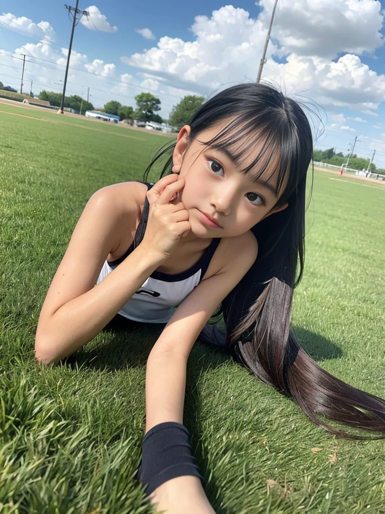 (masterpiece, highest quality:1.4), Award-winning portraits, 8k, 85mm, alone, Beautiful Face, Delicate girl,  (On the grass), Sophisticated, cute, 15 years old, RAW Photos, Confused, High resolution, Sharp focus, Background blur、(((Flat  、thin and delicate body、Childish atmosphere)))、shiny semi-long hair、ponytail、Small mole on the left cheek、 Dark brown eyes、Hair swaying in the wind、sexy、Flexible legs、Simple gym clothes without text、Run、Jump