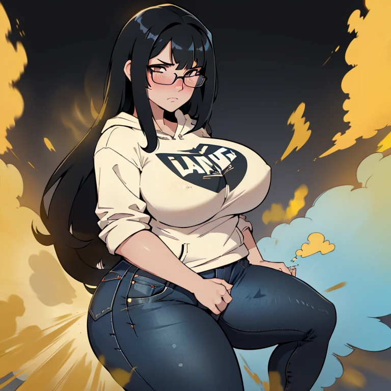 realism,beautiful lighting,(((1girl))),((black hair, sideswept hair bang,long hair)), plump,glasses, hoodie tshirt, blue jeans, massive fart, yellow smoke, velocity blush, clenching teeth