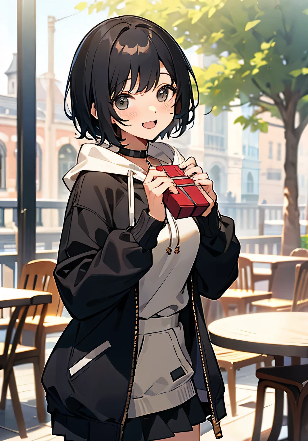 {best quality}、Stylish cafe terrace、smiling at me、Handing over a present with both hands、Black short hair、Female college student、Beautiful breasts、Embarrassed、openmouth、smile、Oversized hoodie、short-skirt、cowboy shot