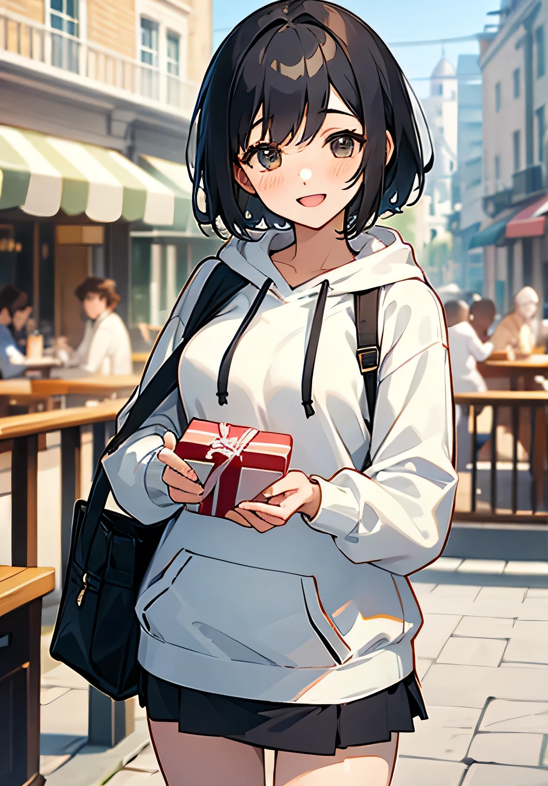 {best quality}、Stylish cafe terrace、smiling at me、Handing over a present with both hands、Black short hair、Female college student、Beautiful breasts、Embarrassed、openmouth、smile、Oversized hoodie、short-skirt、cowboy shot