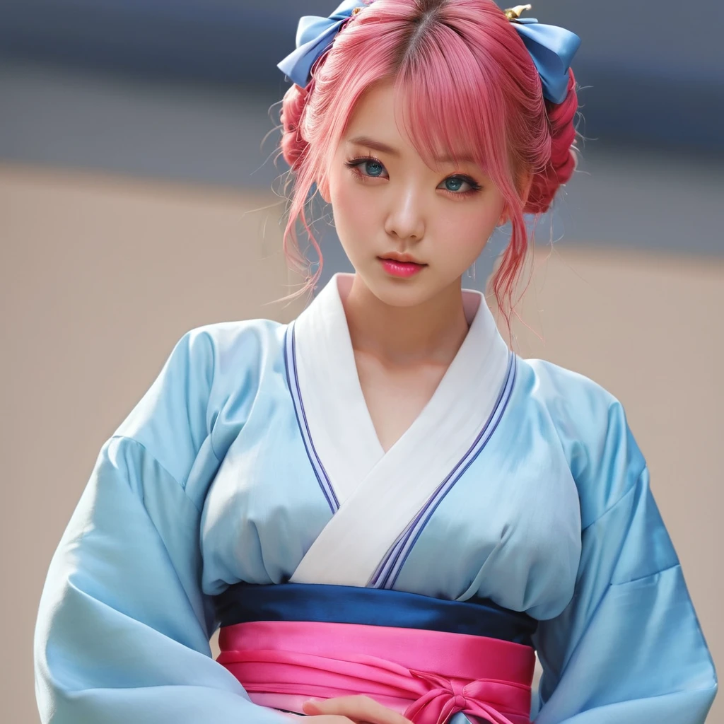 (finely detailed beautiful eyes and detailed face,masterpiece sidelighting,masterpiece,best quality,detailed,high resolution illustration),, (1girl,whole body,bishoujo,lustrous skin,looking down,looking at viewer),, (pink hair,blue eyes,ribbon,hanbok, korean clothes), (clothed_underbust:1.2),underboob,