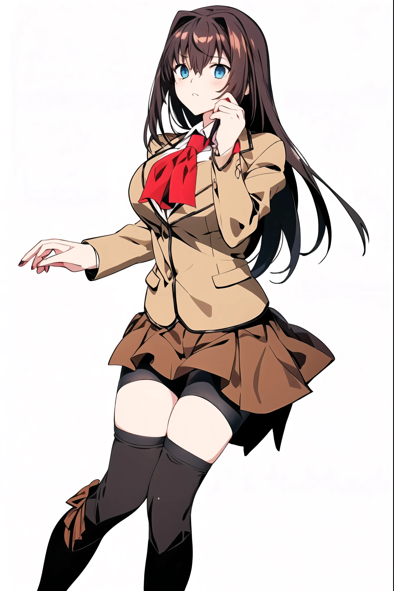 8k, highest quality, highest detail, AokoSchoolUniform, 1girl, solo, 2 legs, luscious hair, (chestnut-brown hair with slightly reddish undertone), perfect face, red neckerchief, beige blazer, (large breasts:0.7), (well formed breasts:0.1), nice hips, (Umber pleated-skirt covering privates:1.5), (black spandex shorts covering thighs:1.3), (nice thighs:1.5), (black thigh-high hosiery:1.6), (brown Strap-Shoes), standing straight, Full body in frame, white-empty background, (((empty background:1.6)))