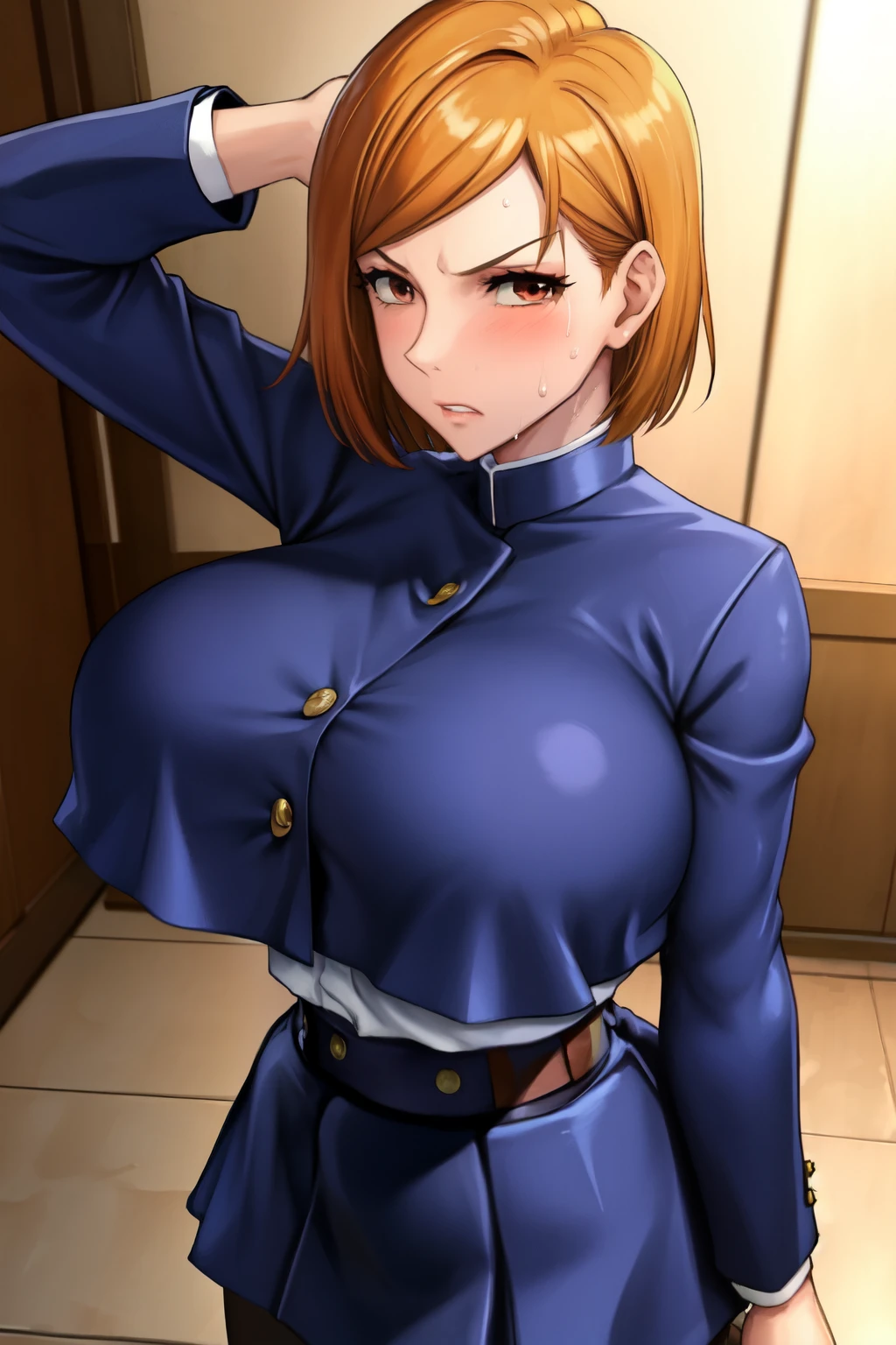 NobaraSU1,One girl, alone, short hair, Orange Hair, , Brown eyes, View Viewer, bangs, Cowboy Shot, skirt, Long sleeve, high-waist skirt, Angry face,Irritability,pantyhose, black pantyhose, Hourglass Shape, blue skirt,  turtleneck, Sweat drops, Hair behind the ear, (Blue jacket), Blue clothes,  belt,Shiny Hair, button, Crop top overhang,  Hourglass Shape,indoor,(thin_Waist:1.6),(narrow_Waist:1.4), Breaking the masterpiece, highest quality, Highly detailed background, perfect lightinghighest quality, ((Shiny skin, Shiny skin, Detailed skin)),(beautiful huge breast),busty,full bust,toned,((Clothed Big Tits)),(from above)