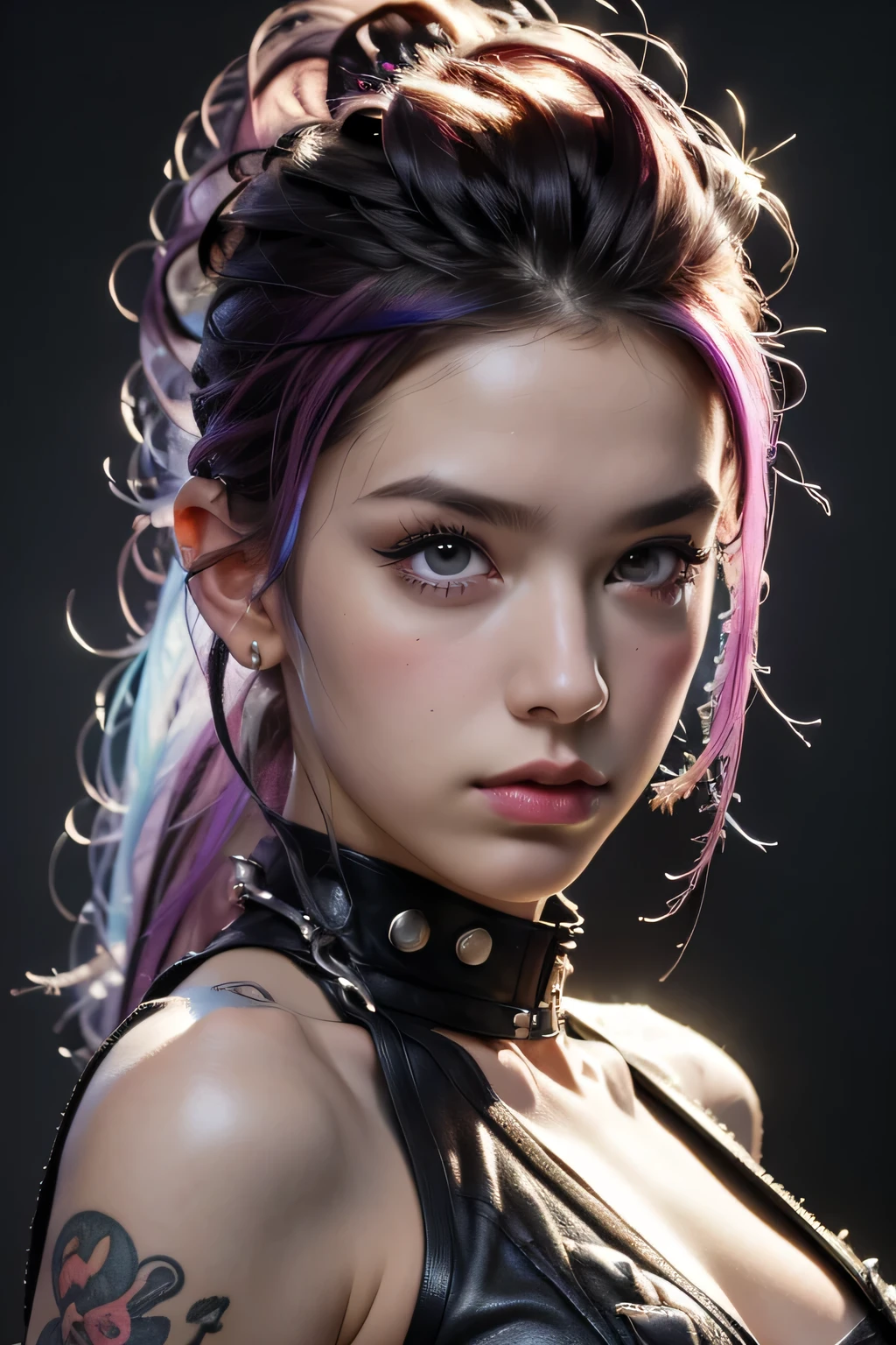 Model Girl, Professional:1.6, (最high quality, 4K, 8k, High resolution, masterpiece:1.2),Ultra-detailed, Realist, Punk Style, fashion punk, ((Upper body portrait)), Spiked clothing, Chain Accessories, Rebel pose, Mohawk Alto, Rainbow Hair, flashy, Nervous background, Studio Lighting, Dynamic pose and elegant、masterpiece, 最high quality, high quality, High resolution, (((Upper body portrait)))、Super big