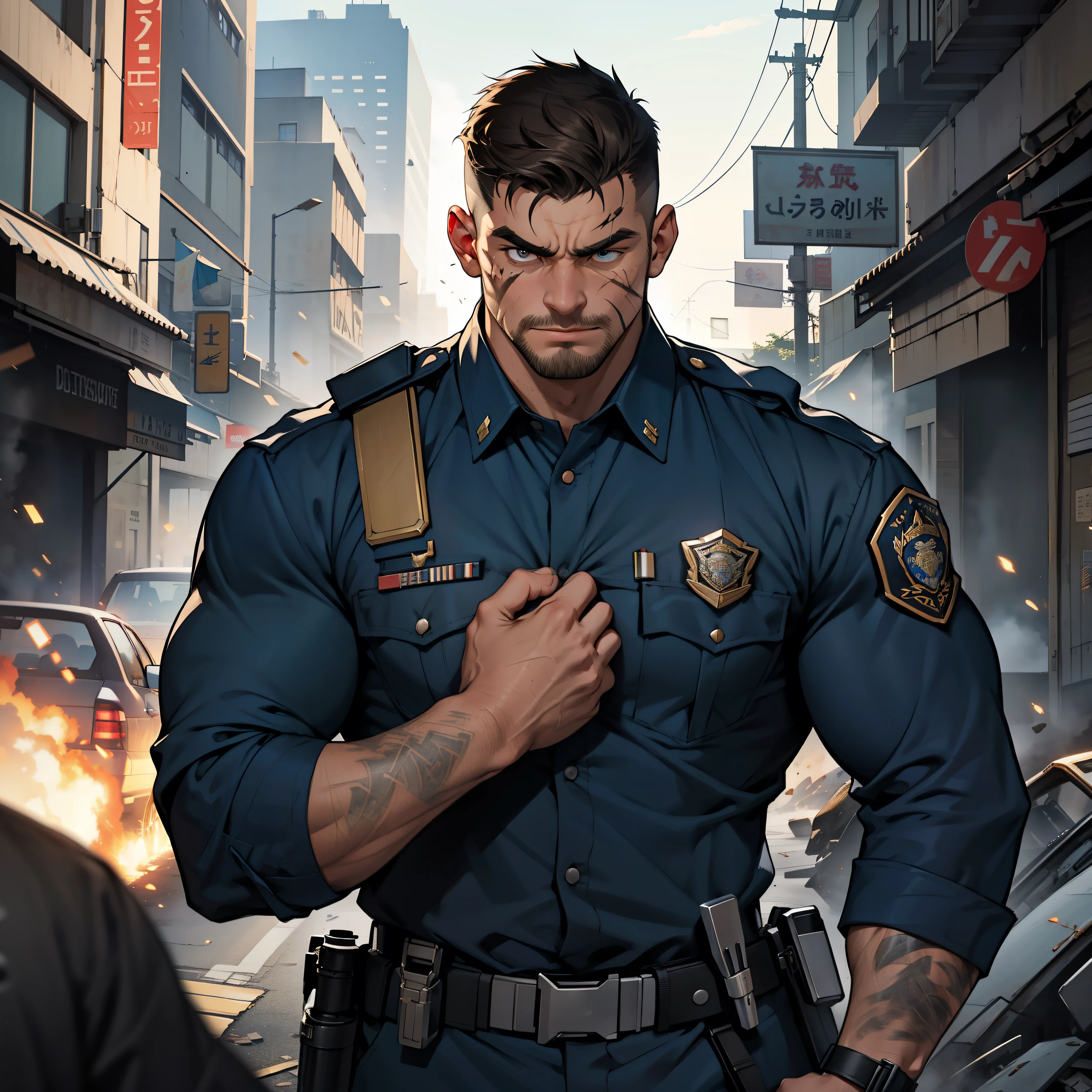 In the midst of a chaotic war scenario, a high-resolution masterpiece captures the scene of an injured police officer bravely shielding a vulnerable . The empty spacescape behind them adds to the sense of desolation and destruction. With a determined expression and a stubble-covered face, the matured male officer stands tall, his beefy frame a testament to his strength and resilience. His thick eyebrows furrowed in concentration as he focuses his attention on protecting the innocent. Every detail of his body is meticulously depicted, from the hyper-detailed eyes reflecting pain and determination to the ultra-detailed face marked with the scars of battle. Despite his open clothes and clothes down, the officer's perfect litthing emanates a soft smile that offers reassurance and comfort