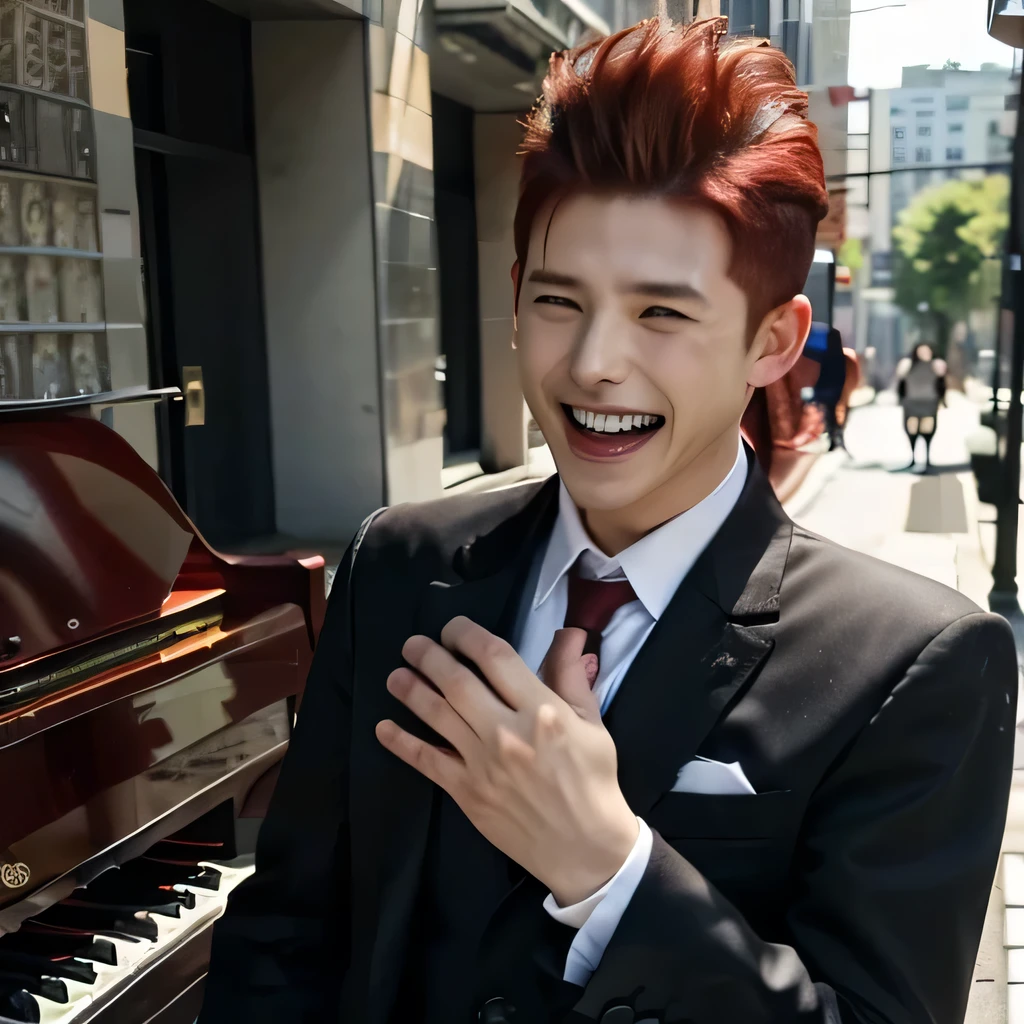 TOP quality,8K, masterpiece, (realistic:1.2), (1uncle, mohawk, red hair:1.2), 20yo,(laugh:1.5),(business suit, sexy),(piano),(street)