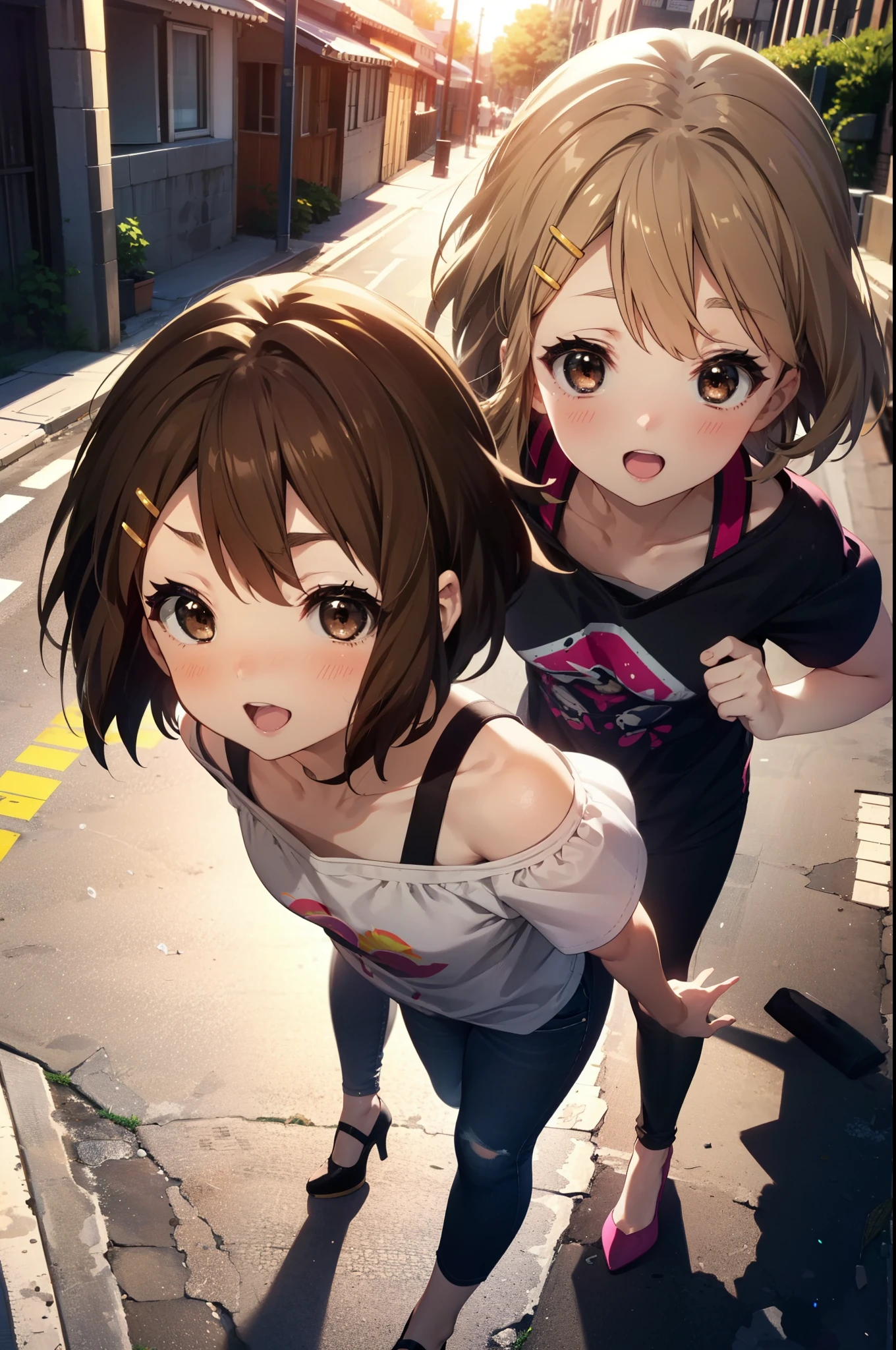 yuihirasawa, Yui Hirasawa, short hair, Brown Hair, hair ornaments, (Brown eyes:1.5), Hair Clip,happy smile, smile, Open your mouth,
hair band,Cord off-shoulder top,Short sleeve,skinny pants,Stiletto heels,morning,morning陽,The sun is rising,walk,whole bodyがイラストに入るように,Looking down from above,
break outdoors, city,construction area,
break looking at viewer, whole body,
break (masterpiece:1.2), highest quality, High resolution, unity 8k wallpaper, (shape:0.8), (Beautiful details:1.6), Highly detailed face, Perfect lighting, Extremely detailed CG, (Perfect hands, Perfect Anatomy),