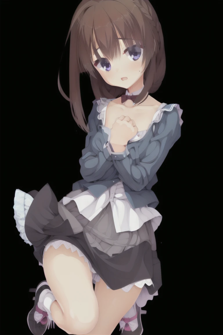 Very cute woman ,10, ,Flat Chest,Black Hair,青いeye,underwear,White panties, Pleated skirt, shoes, Dark blue socks, (Jumping:1.1) Outdoor, garden,summer, break (masterpiece, highest quality,超detailed:1.1),alone,One girl, Dynamic Angle,expensive_solve, clear_image, expensive_Contrast, 8k, Sparkling, beautiful_detailed_face_and_eye, (Brown Hair:1.25), 白 eye,Black background
