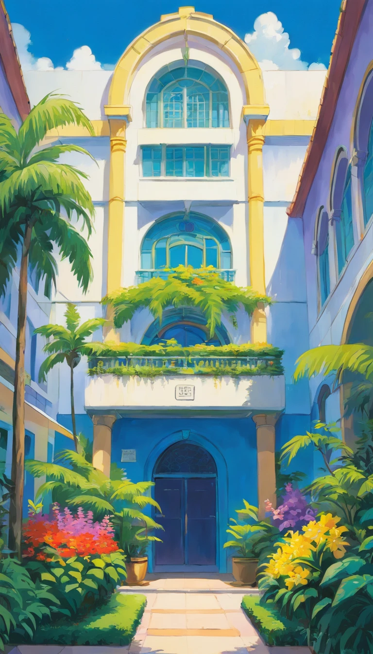 The image shows a two-story building with a distinctive blue and arched architecture. The facade features arched entrances and windows, and a curved design with multiple levels. The building appears to be a hospital or medical center based on the signage visible.
In the foreground, there are tall palm trees and lush landscaping with vibrant flowers in shades of white, purple, and yellow. The flowers appear to be planted in beds or borders, creating a colorful foreground against the backdrop of the imposing blue building.
The scene depicts an urban or institutional setting with a blend of modern architecture and tropical landscaping. The overcast sky and the presence of foliage and palm trees suggest a subtropical or tropical climate. The name of the building is NILACHAL MEN'S HOSTEL