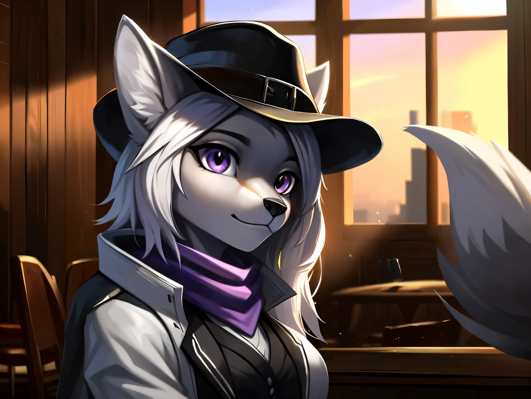 fox, female, solo, long white hair, ((grey fur)), (purple eyes), breast, ((white gambler clothes)), black coat, (((large black cowboy hat))), purple handkerchief, (up close), saloon, inside, Very good figure, best quality, highres, 16k, Natural soft light, Tyndall effect, Advanced film lighting, Unreal Engine5, Extremely realistic, A high resolution, perfect masterpiece, high quality, high resolution