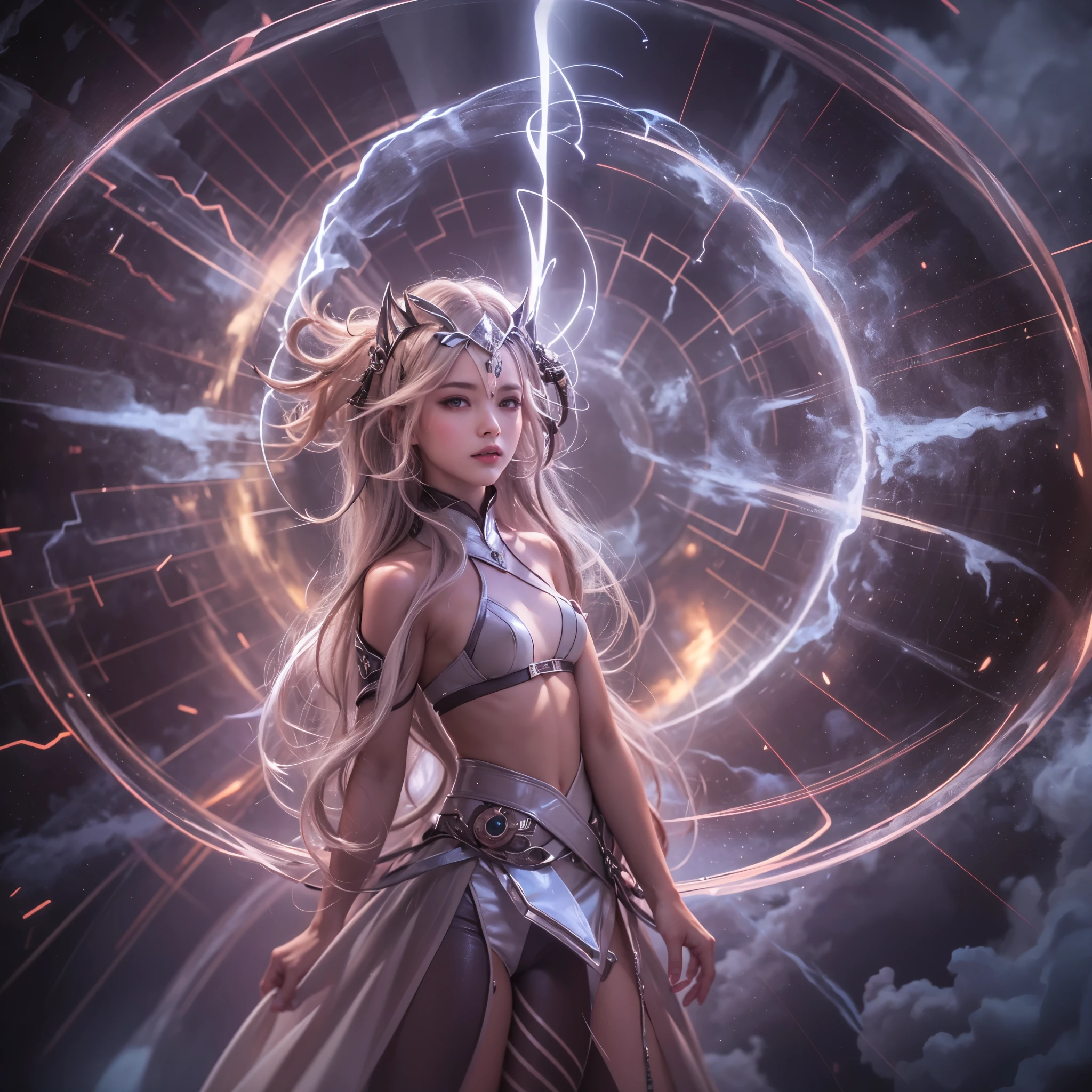 Best quality,masterpiece,16k,Artistic,Polar coordinates thundercloud channel,Ultra-dense lightning surround,Many arcs,Channels surrounded by plasma fluid,Special effect,Inception,Fantasy,1girl,Dynamic poses,Looking at the camera,