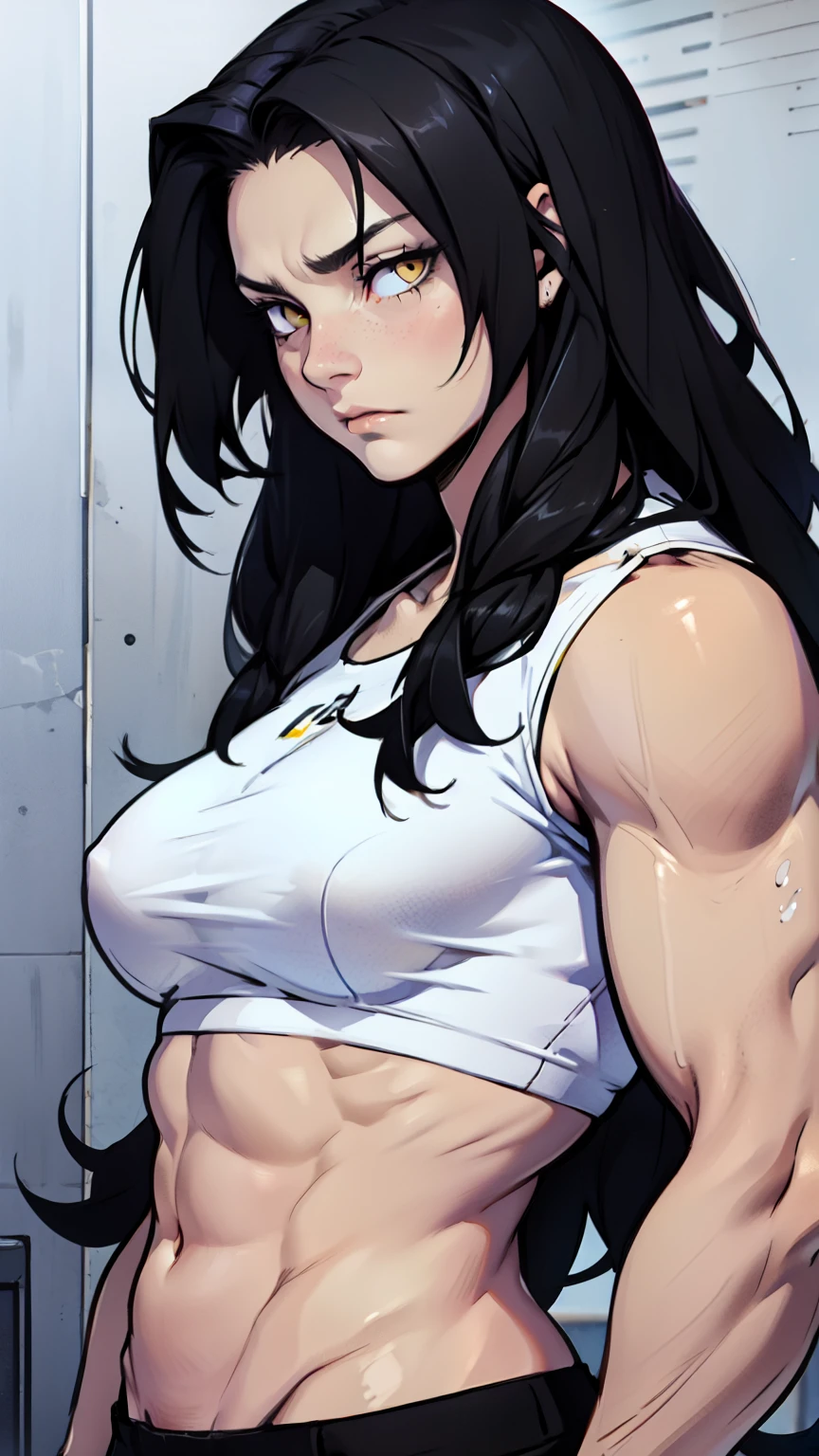 sad pale muscular girl breasts hair black hair yellow eyes extremely long hair sad