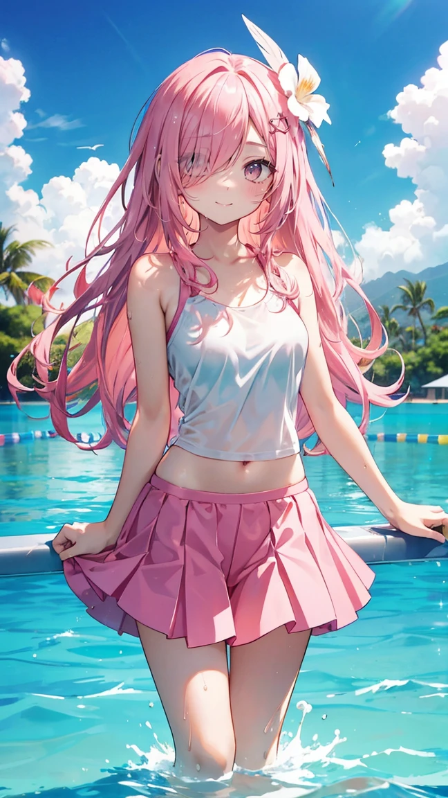Coral pink hair,Long hair,hair over one eye,Gray eyes,feather hair ornament,cute,Girl,Smiling expression,Happy and happy expression,Skirt Swimsuit,Wet on the body,whole body,Standing in the pool,Don't show your arms,Background is beach,Hawaii,Blue sky and white clouds