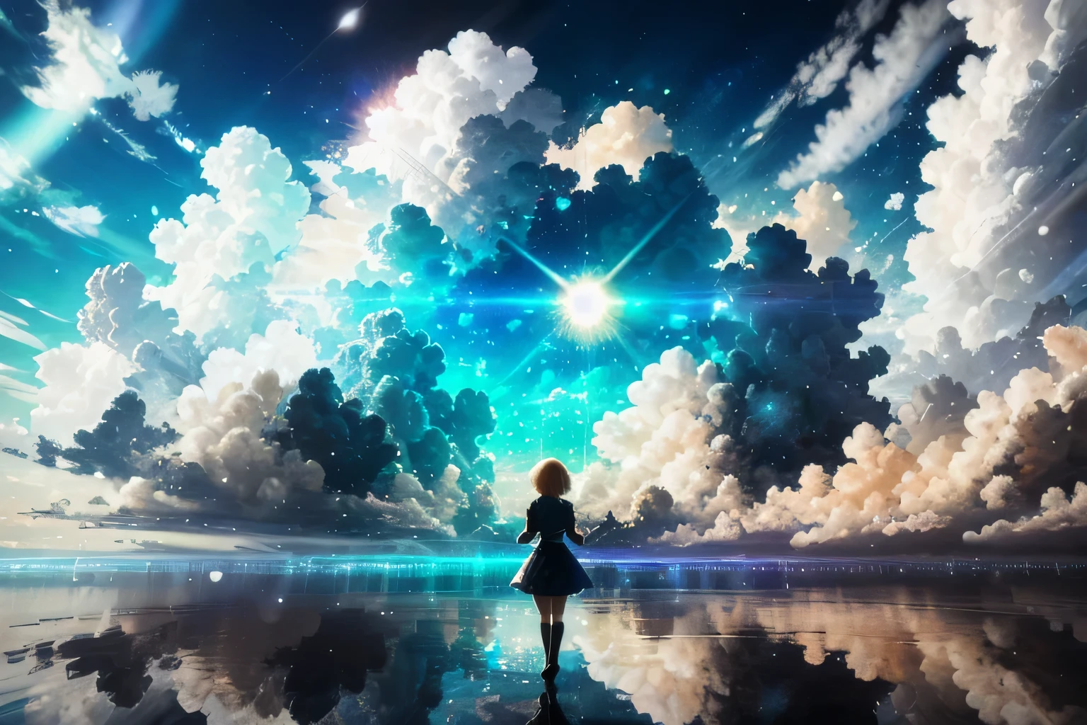 masterpiece, highest quality, Halftone, cloud, Light_particle, null room, null,water,girl,night