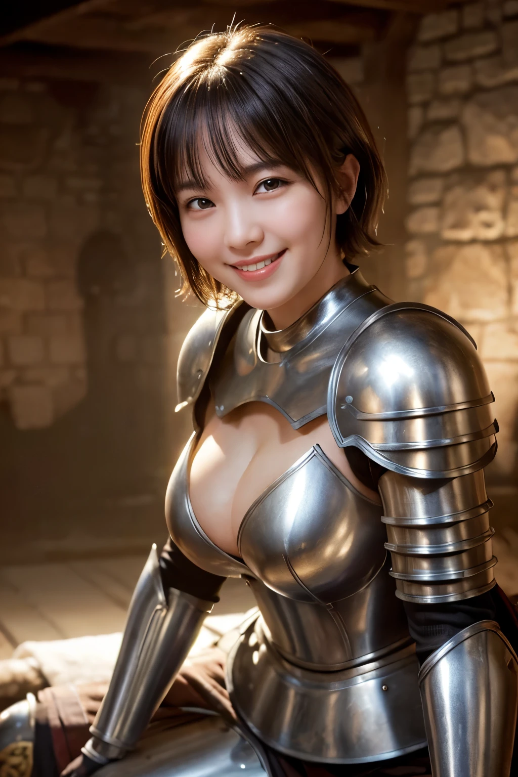 highest quality, masterpiece, Ultra-high resolution, (Reality: 1.4), Original photo, 1 woman, mature, happy smile, short hair, plump body, , Cinema Lighting, from below,Medieval warrior、Armor with an open chest、all fours