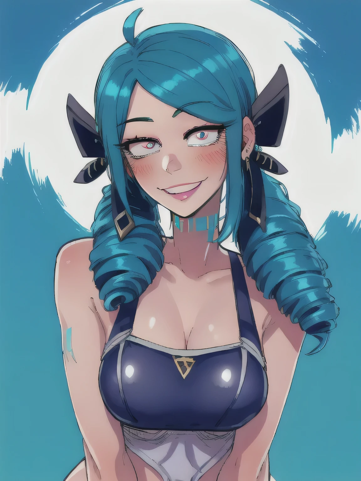 1 girl, Blue eyes, blue hair, Drill hair, gwen \(League of Legends\), in a swimsuit, hair ornament, a high resolution, League of Legends, long hair, parted lips, pink pupils, smile, X, X hair ornament,