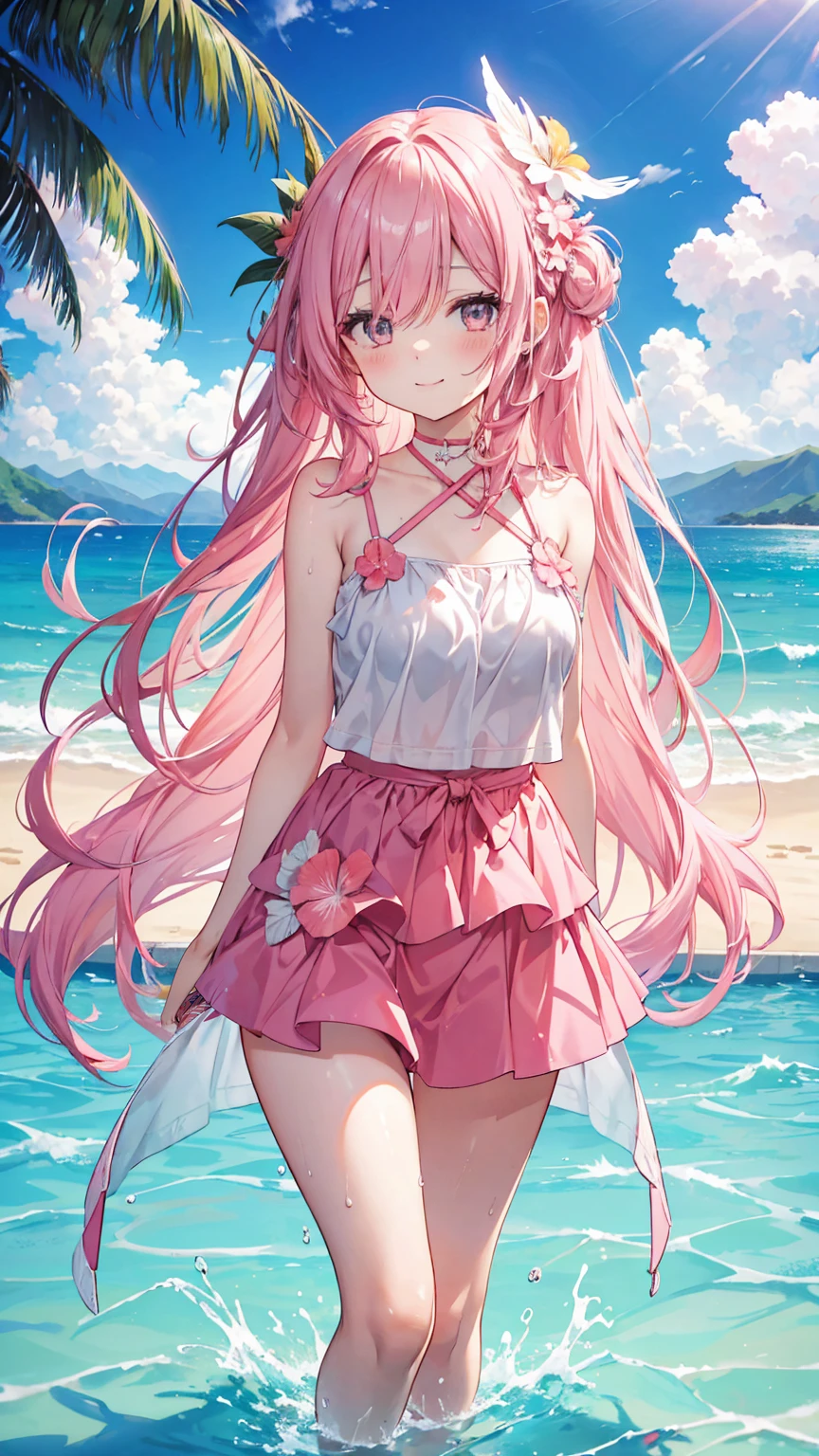 Coral pink hair,Long hair,hair over one eye,Gray eyes,feather hair ornament,cute,Girl,Smiling expression,Happy and happy expression,Swimsuit with skirt,Wet on the body,whole body,Standing in the pool,Don't show your arms,Background is beach,Hawaii,Blue sky and white clouds