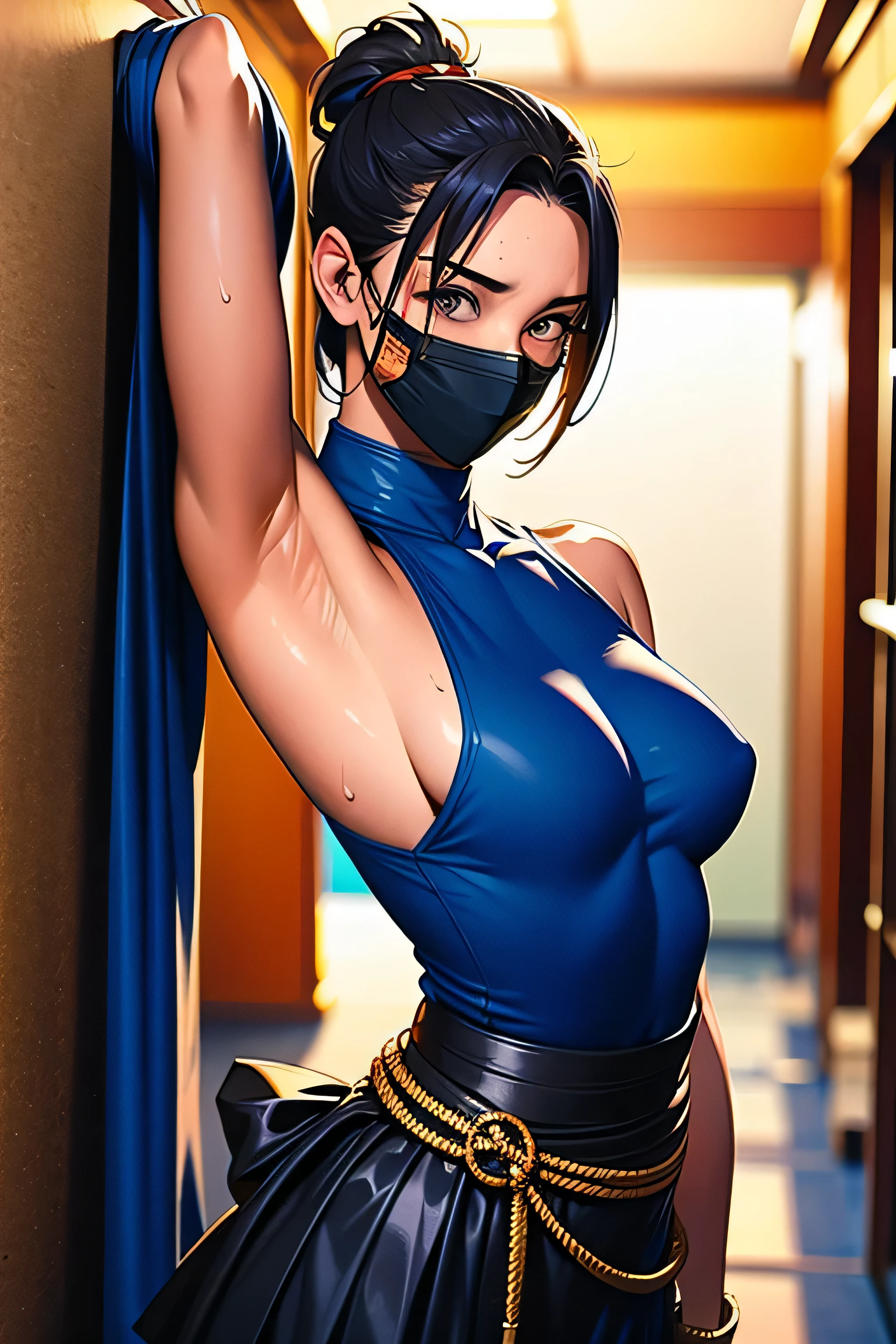 (masterpiece), (highest quality), (Super Detail), (Disheveled Hair), (shape), (One Girl), (whole body), (Stylishly decorated ninja costume), Leather Armlets, night、Standing in the hallway, The moonlight shining from behind her、Her body glows as if surrounded by an aura..., Dagger on hip, Japan with a sword on your back, Holding a kunai in the hand, Preparing to attack,arms up,armpits, armpits,sweat,sweaty,sweaty armpits,awesome armpits,sweating ,sleeveless,exhausted,tired, wearing arm bands,arms raised,very tired,sweating,arms raised,both arms raised,sweaty,red arm warmers,red arm bands,blue black face mask