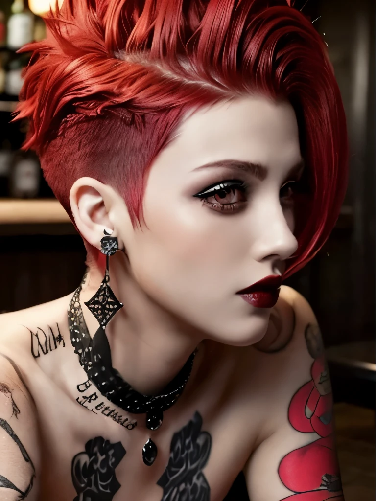 1girl,mowhawk with shaved sides, bright red hair, goth makeup, alt, bar, at a bar, collar, perfect breasts, earrings, tattoos