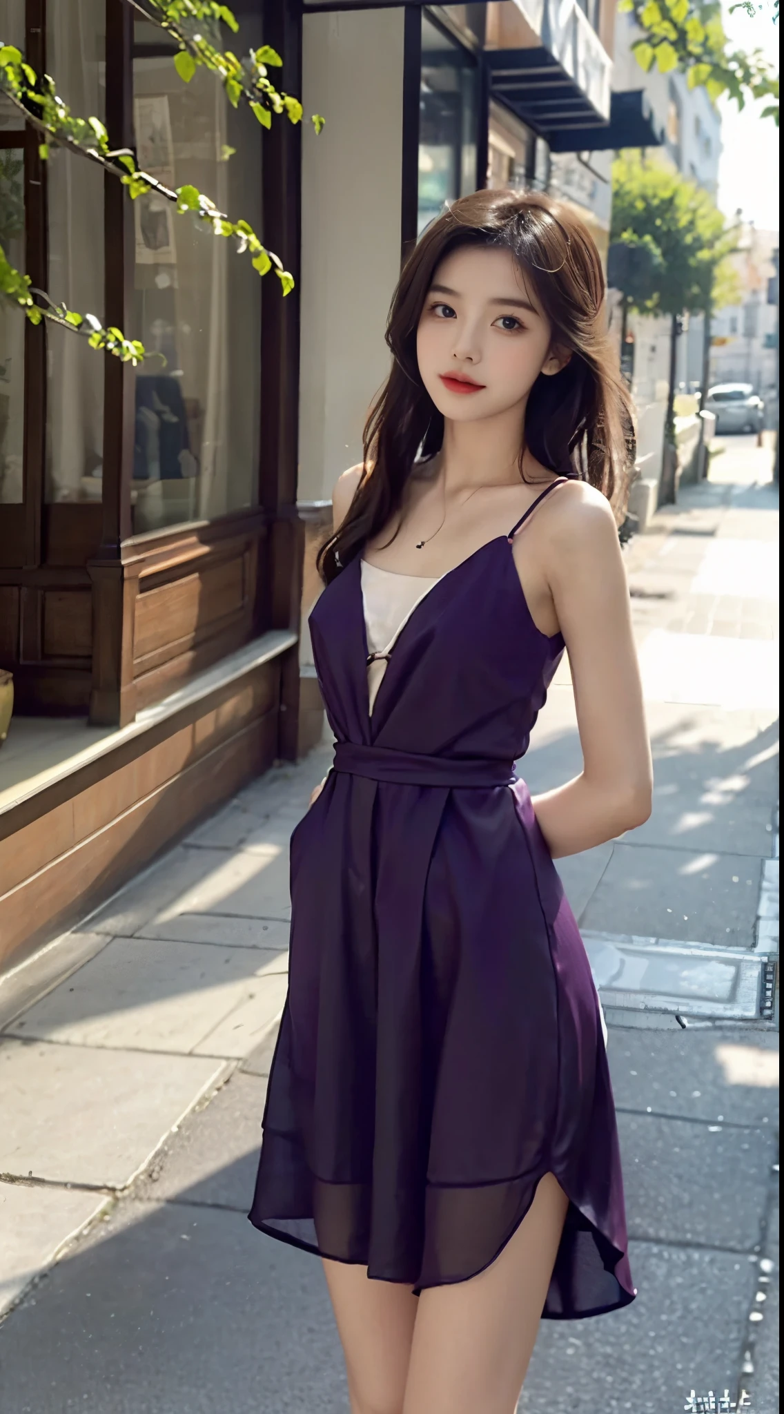 face to the viewer,Girl wearing beautiful floral dress,It shows a fresh and natural beauty。The dress is purple,It is covered with a variety of colorful floral patterns,This makes the whole dress look elegant and gorgeous。The neckline of the dress is a typical round neck,Fits her neck,Show her elegance。
The cut of the dress fits perfectly,Clinging to her body,Show off her graceful curves。The hem of the dress is just below the knee,It looks dignified and generous,It goes well with the color and style of the dress。
Her hair was draped over her shoulders,Slightly curled,It gives a romantic and natural feeling。Her face was covered with light makeup,The choice of eye shadow and lip gloss harmonizes with the color of the dress。The girl is dressed neatly,Full of fresh breath of spring and summer,It shows her elegant temperament and unique charm。(with hands behind her back,stand posture),Nipples,No underwear,No bra,Are thin,Thin legs,Small butt,Almost flat chest,Small breasts,