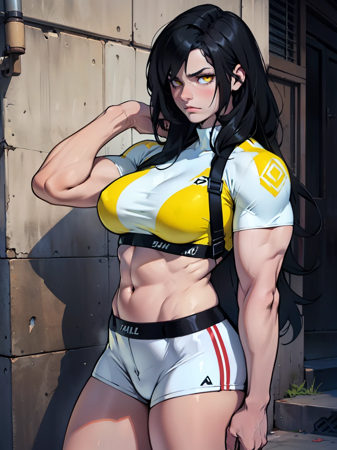 sad pale muscular girl breasts hair black hair yellow eyes extremely long hair sad