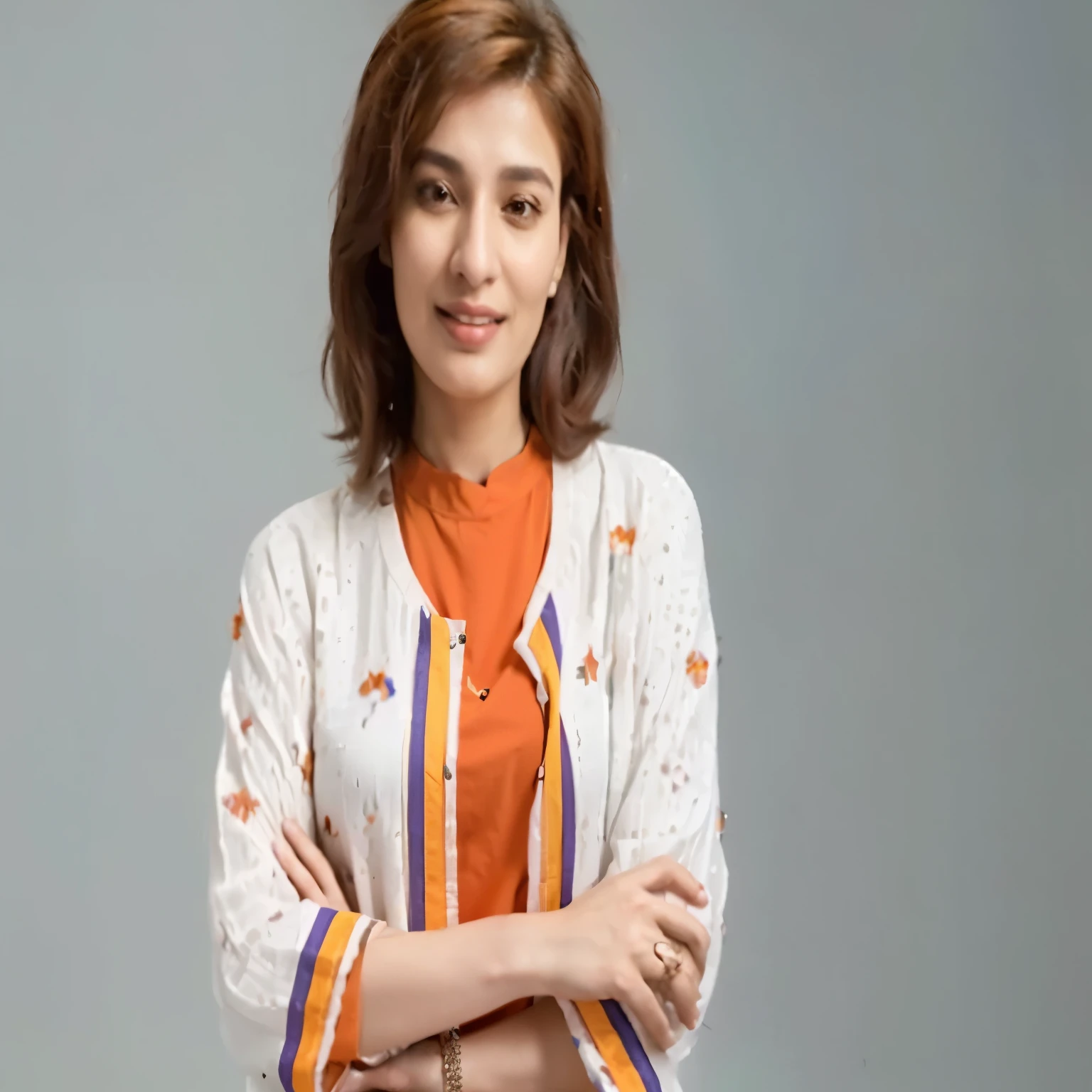 arafed woman in orange shirt and white cardigan posing for a picture, faridah malik, inspired by Lubna Agha, khyzyl saleem, kyza saleem, mid shot portrait, promotional picture, nika maisuradze, zaha hadi, kimi vera, official photo, fanart, promotional image, by Daphne Fedarb, sara ali, pixar style