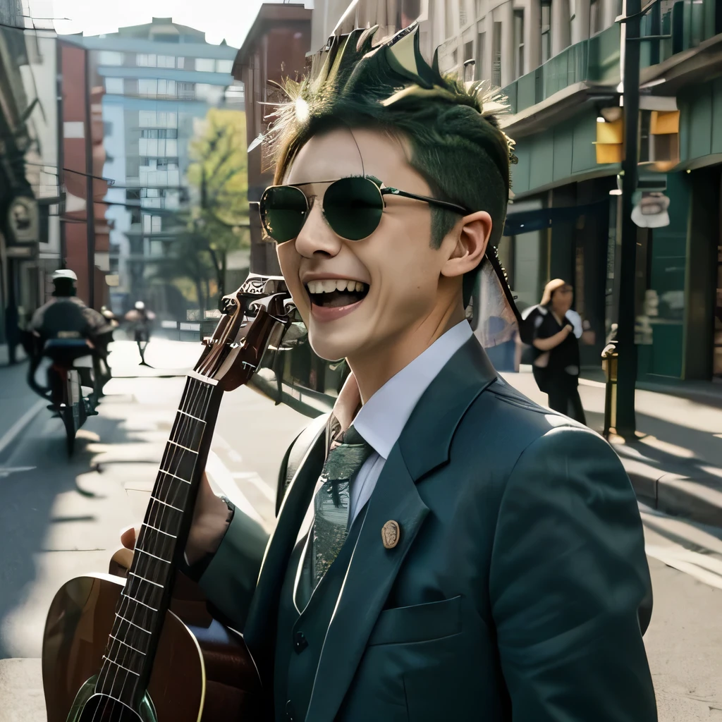 TOP quality,8K, masterpiece, (realistic:1.2), (1uncle, mohawk, green hair:1.2), 20yo,(laugh:1.5),(business suit, sun glass),(guitar),(street)