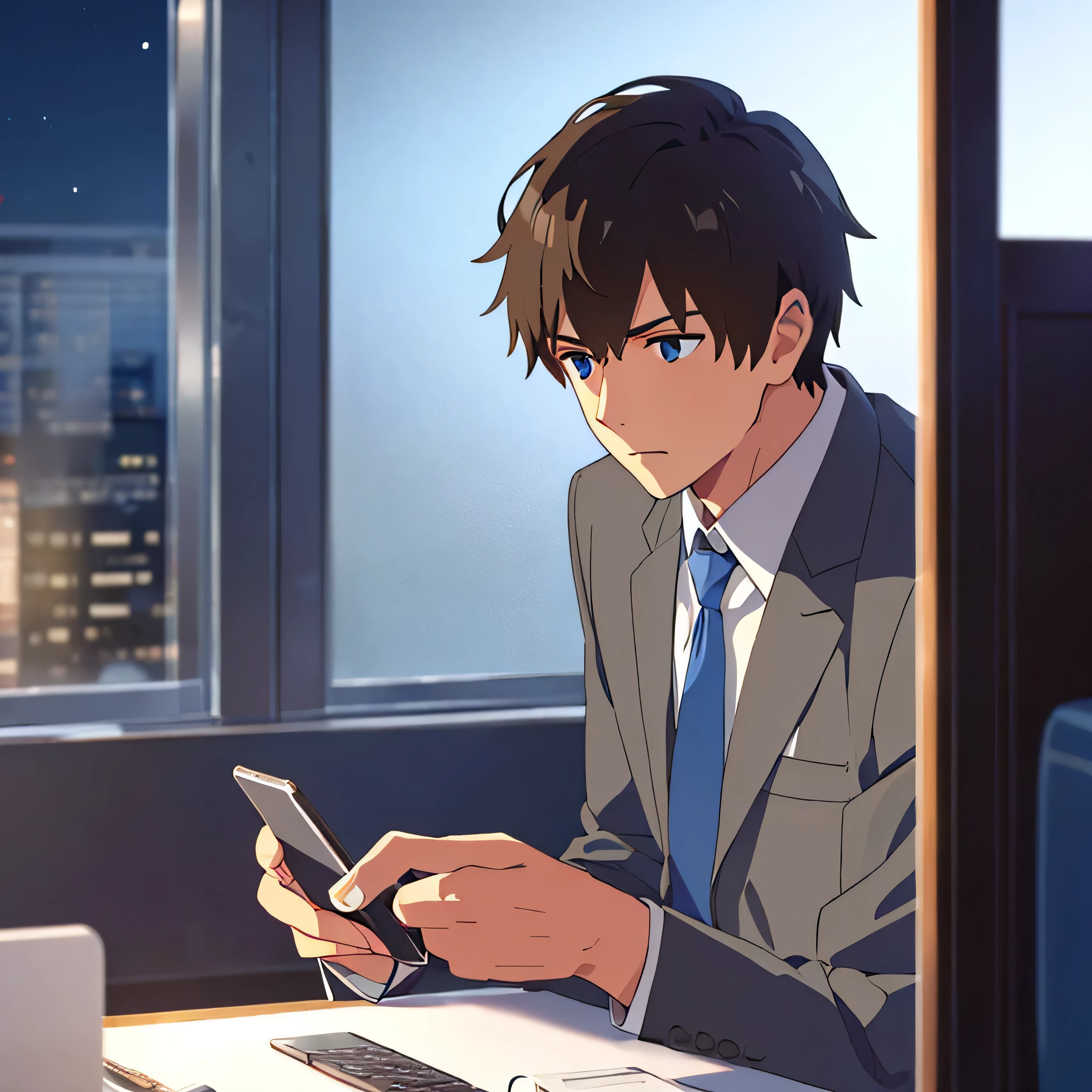 1boy, brown hair, blue eyes, gray office suit, blue neck tie, holding a phone talking to the phone, serious, office room, night, indoors, dark lighting, intimate lighting, lost-in-thought look