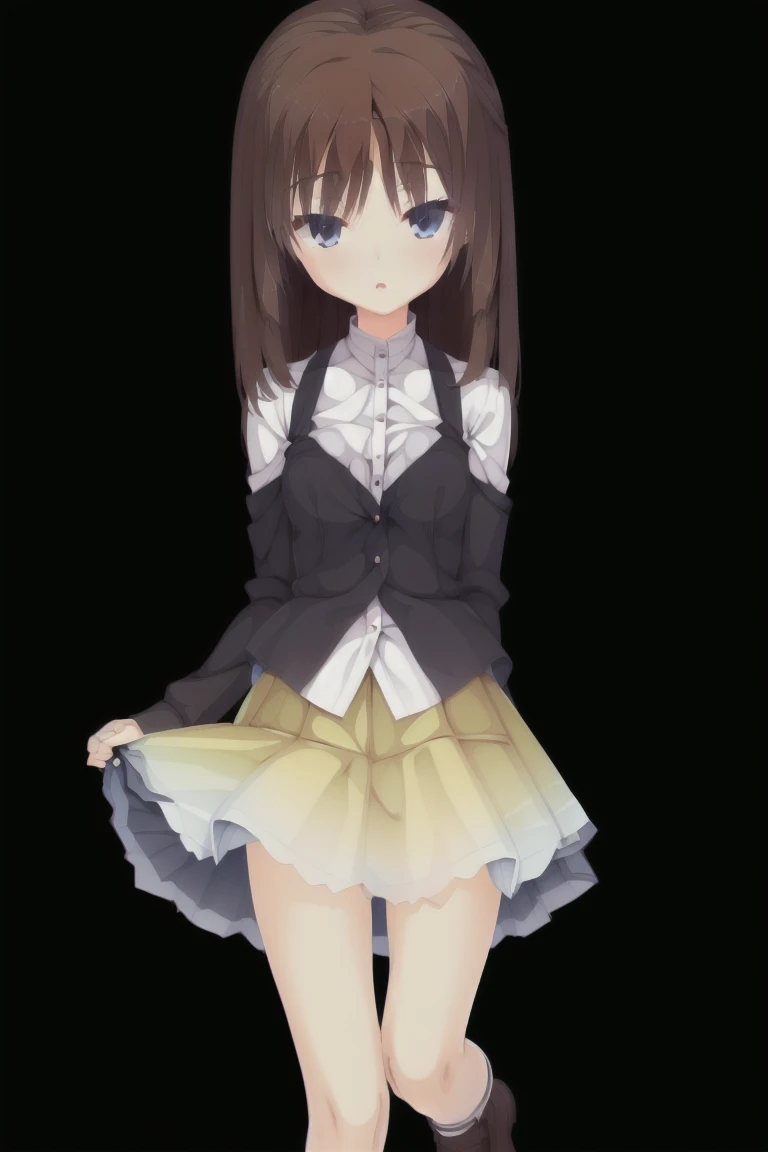 Very cute woman ,10, ,Flat Chest,Black Hair,青いeye,underwear,White panties, Pleated skirt, shoes, Dark blue socks, summer, break (masterpiece, highest quality,超detailed:1.1),alone,One girl, Dynamic Angle,expensive_solve, clear_image, expensive_Contrast, 8k, Sparkling, beautiful_detailed_face_and_eye, (Brown Hair:1.25), 白 eye,Black background