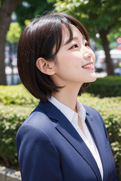 woman profile Japanese Smile Wearing a suit breast enhancement Outdoors with street trees Short Hair Look up at the sky to the upper right