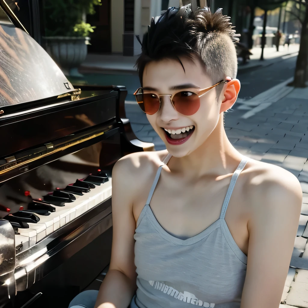 TOP quality,8K, masterpiece, (realistic:1.2), (1uncle, mohawk:1.2), 20yo,(laugh:1.5),(camisole, sun glass),(piano),(street)