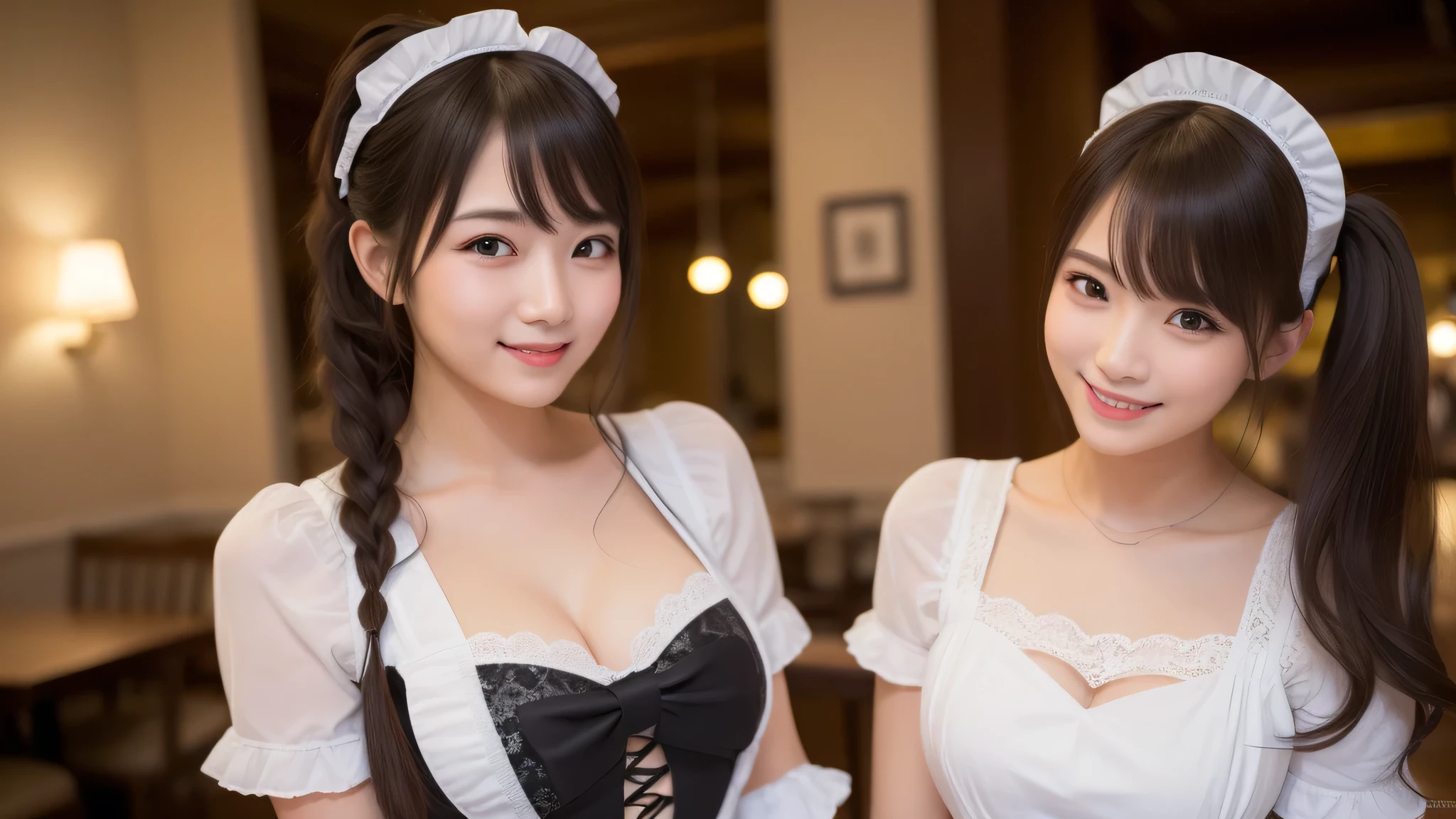 kawaii face, (2girl), (cute smile:1.2), (Gorgeous lace maid costume, lace decoration:1.4), (maid cafe pink costume, costume with frills, mini skirt), cleavage, (best Quality:1.4), (hyper-realistic, hight resolution), Professional Photography, standing, Indoor, (maid cafe), Close up portrait of girl, staring at me, (Fine face:1.2),