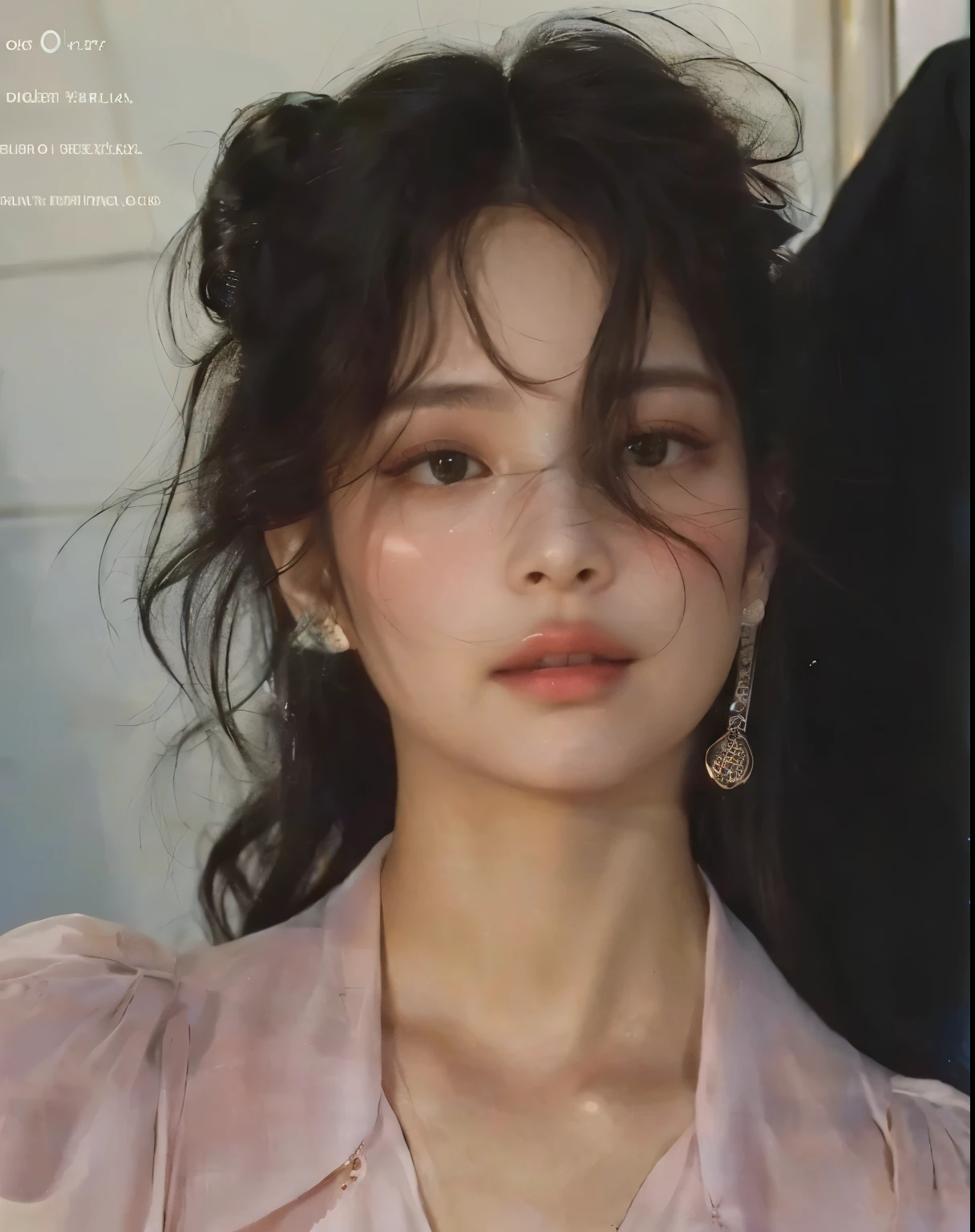 un primer plano de una mujer con una camisa rosa y aretes, chica con un arete de perlas, una hermosa joven, cara muy bonita, preciosa cara delicada, al estilo de petra collins, foto de una mujer hermosa, retrato de alta calidad, hermoso rostro delicado, cara extremadamente hermosa, retrato suave 8 k, muy bonita modelo, caras hermosas y realistas, jennie, kim jennie, jennie kim, blackpink jennie
