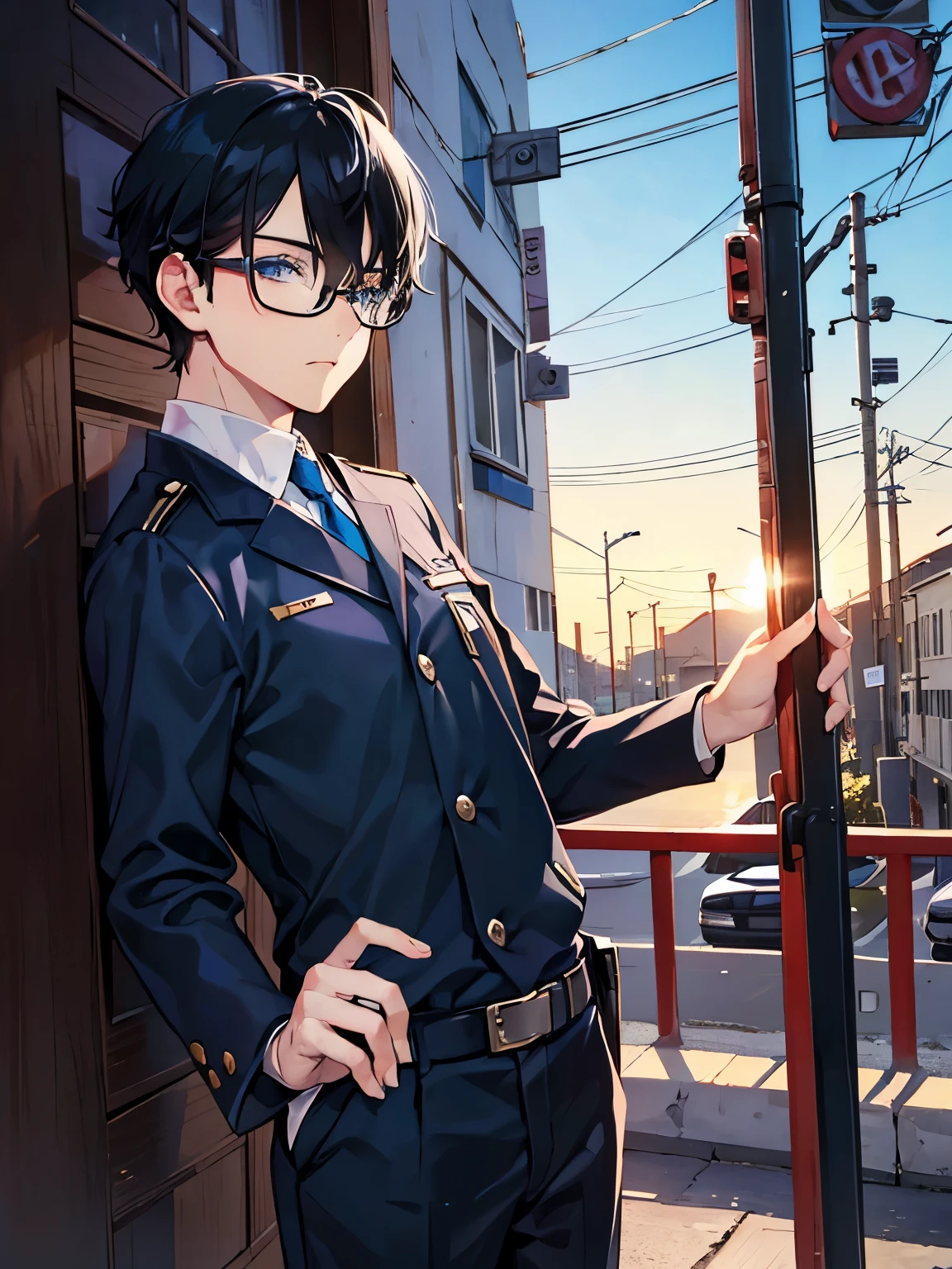 　male　blue eyes　Black Hair　Showa Retro　Short Hair　Eye-catching colors　uniform　Glasses　Town