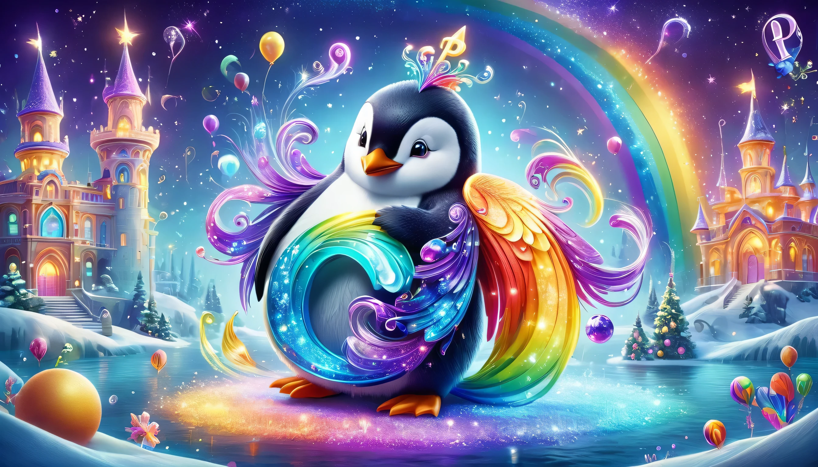 "Create a colorful and enchanting scene featuring the letter P. Show vibrant characters and imaginative elements surrounding the letter P, such as a playful penguin, a purple peacock, and a magical palace. Include whimsical details like sparkling stars, rainbow pathways, and cheerful, animated objects to captivate kids."