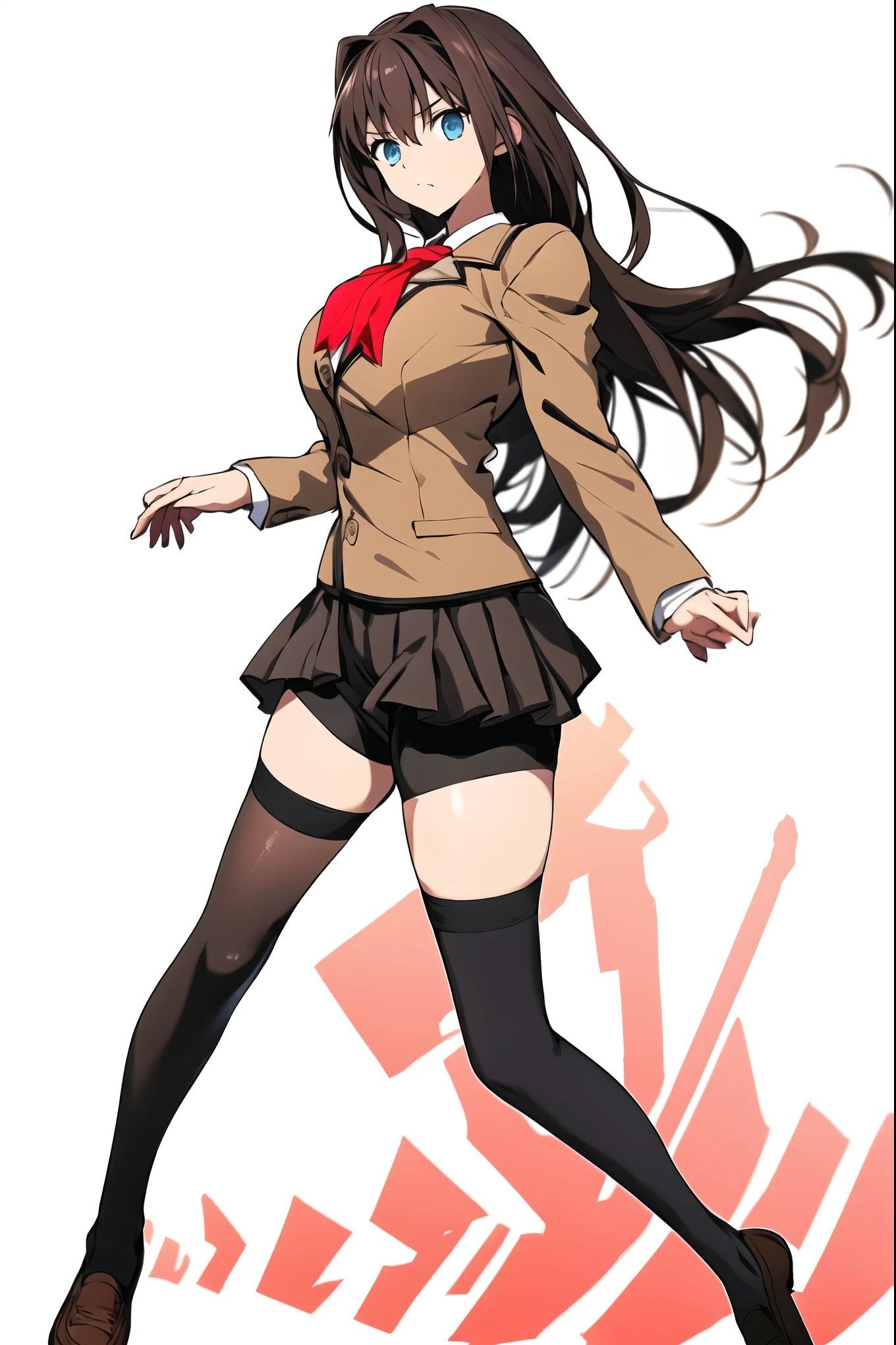 8k, highest quality, highest detail, AokoSchoolUniform, 1girl, solo, 2 legs, (chestnut-brown hair with slightly reddish undertone), perfect face, red neckerchief, beige blazer, (large :0.7), (well formed breastsnice hips, (Umber pleated-skirt:1.4), (black spandex shorts:1.4), (nice thighs:1.5), (black thigh-high hosiery:1.6), (brown Strap-Shoes), standing straight, Full body in frame, white-empty background, (((empty background:1.6)))