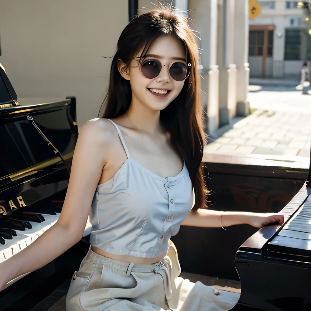 TOP quality,8K, masterpiece, (realistic:1.2), (1girl:1.2), 20yo,(laugh:1.5),(camisole, sun glass),(piano),(street)