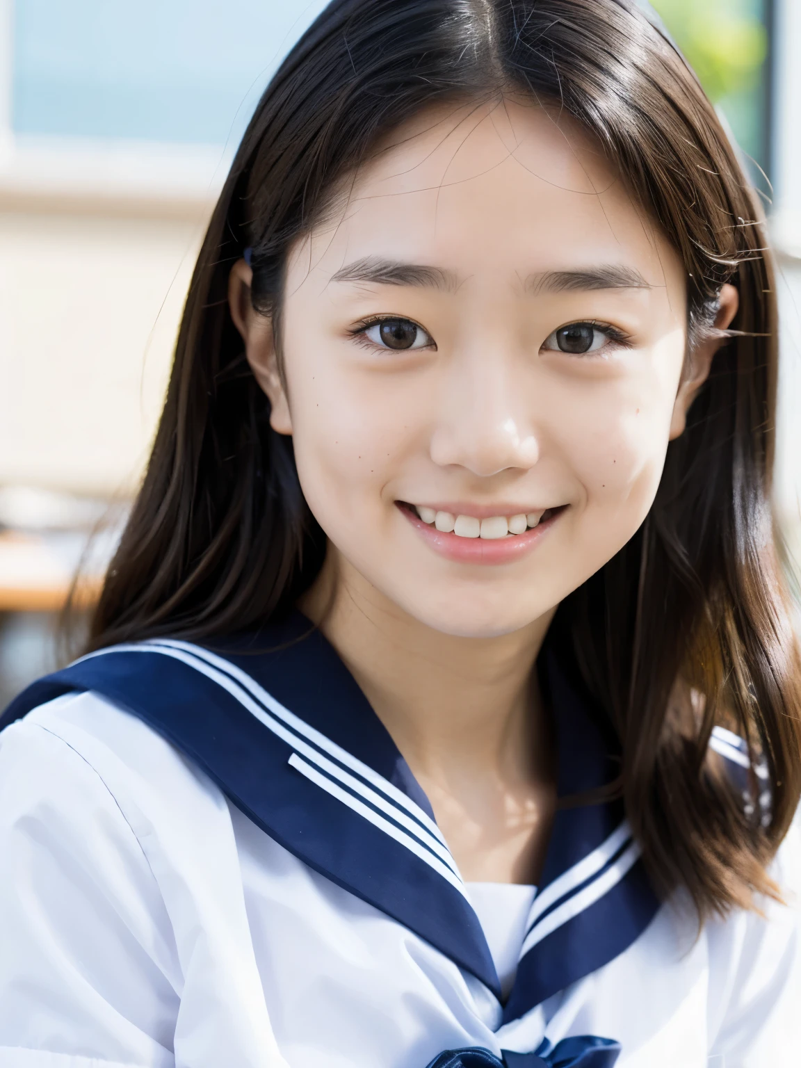 lens: 135mm f1.8, (highest quality),(RAW Photos), (Tabletop:1.1), (Beautiful  Japanese girl), Cute Face, (Deeply chiseled face:0.7), (freckles:0.4), Speckled sunlight, Dramatic lighting, (Sailor suit), Short sleeve, (In the classroom), shy, (Close-up shot:1.2), (smile)