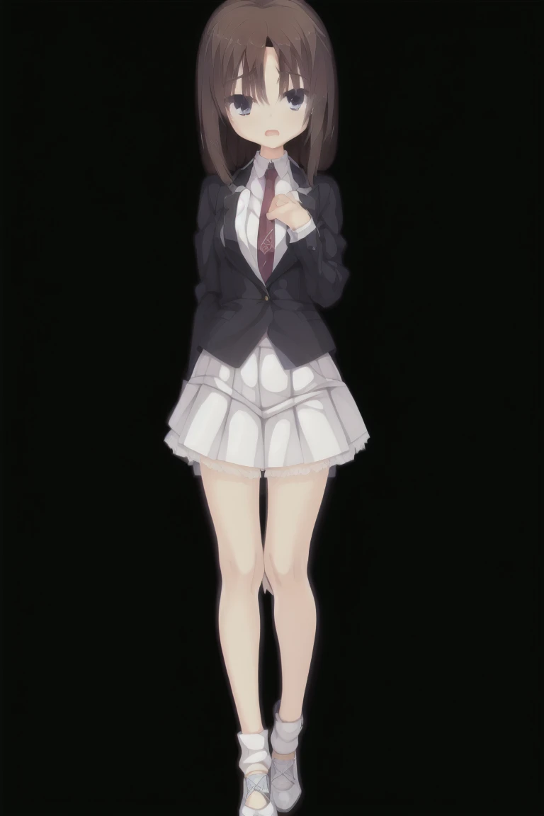Very cute woman ,10, ,Flat Chest,Black Hair,青いeye,underwear,White panties, Pleated skirt, shoes, Dark blue socks, summer, break (masterpiece, highest quality,超detailed:1.1),alone,One girl, Dynamic Angle,expensive_solve, clear_image, expensive_Contrast, 8k, Sparkling, beautiful_detailed_face_and_eye, (Brown Hair:1.25), 白 eye,Black background