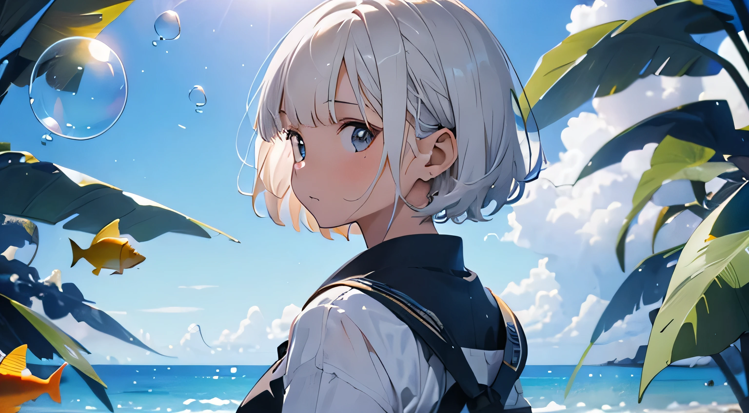 Girl with short white hair，Back view, Colorful bubbles，plant，Glowing Fish，Sparkling，blue，Spend time at the beach，masterpiece，4K