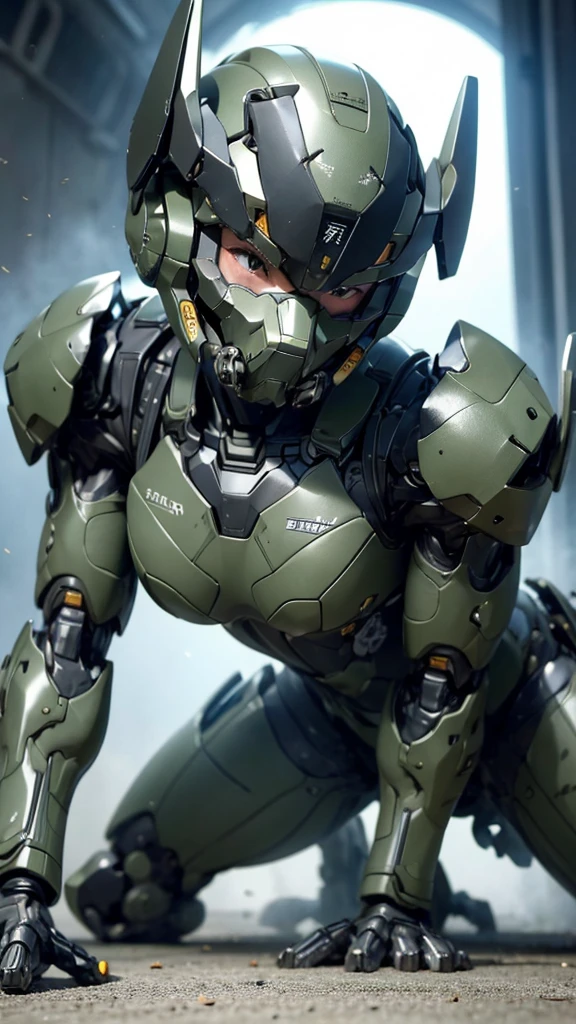 最high quality非常に詳細, Advanced Details, high quality, 最high quality, High resolution, 1080p, hard disk, beautiful,(War Machine),(Snug-fitting headgear),See the big picture,beautifulサイボーグ女性,Dark Green Mecha Cyborg Girl,Battle Mode,Mecha Body Girl　8k dark green body armor　　Sweaty face　Droopy eyes　short hair　Gas mask with extension nozzle　boyish　Steam coming out of my head　My hair is wet with sweat　Black Hair, Steam coming out of the mouth　Lying in bed　The skin under the face is not exposed　Black smoke coming out of the body　Damaged　waiting　(On all fours)　asphyxia　(Painful expression) Full body portrait　Focus on the face