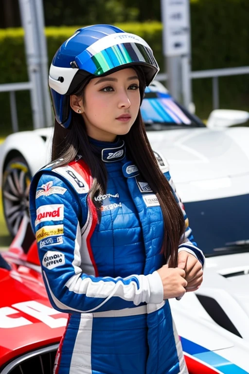 Female racing driver、Racing Suits、long hair、Helmet、