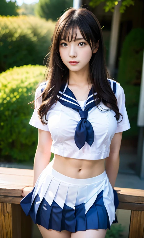1girl, 18-year-old, Chinese-Japanese mix, beautiful detailed girl, beautiful detailed eyes, beautiful detailed lips, extremely detailed eyes and face, long eyelashes, short bob hair, large round breasts, photo-realistic, realistic, (best quality,4k,8k,highres,masterpiece:1.2),ultra-detailed,(realistic,photorealistic,photo-realistic:1.37), Serafuku, High School Sailor Uniform, White short-sleeved translucent shirt, navy pleated micro miniskirt, Knee-high socks, red sailor knot scarf, open navel, beautiful navel, wearing a school sailor uniform that shows her navel